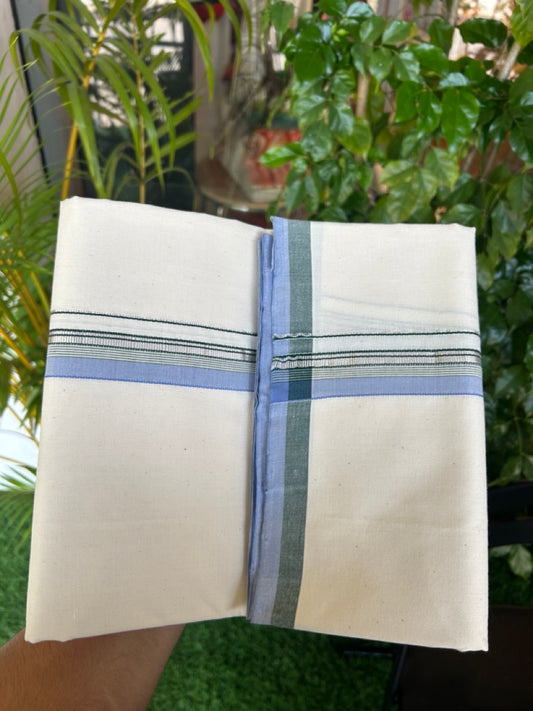 30%DISCOUNT!! SIGNATURE KAITHARIKADA EXCLUSIVE SINGLE DHOTI - 100% Cotton Balaramapuram HANDLOOM Single Mundu/Dhoti - Off White - (Unbleached) 1 inch Green Lavender & Silver Kasavu Striped Kara (2 meter / 4 muzham)- 12KK5173KAI