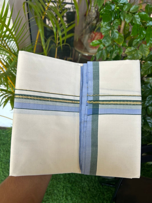 30%DISCOUNT!! SIGNATURE KAITHARIKADA EXCLUSIVE SINGLE DHOTI - 100% Cotton Balaramapuram HANDLOOM Single Mundu/Dhoti - Off White - (Unbleached) 1 inch Green Lavender & Gold Kasavu Striped Kara (2 meter / 4 muzham)- 5KK5173KAI