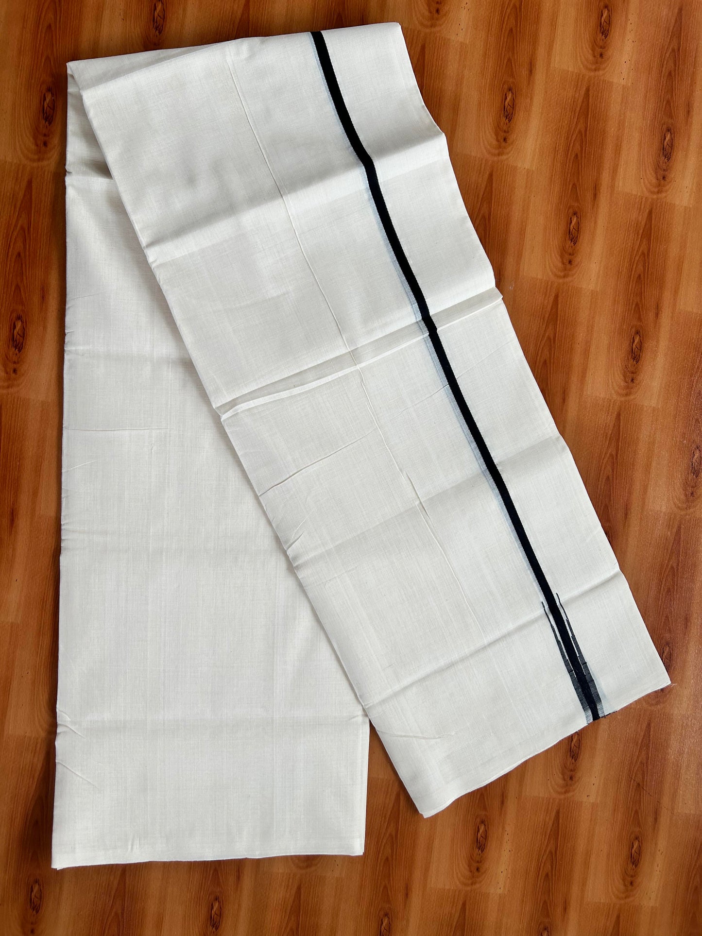 Double Off White (Unbleached) Mundu/Dhoti - 25% Discount!! KaithariKada Handloom Unakkupaav - Kerala Handloom - 100% Pure Cotton - 80x90 - 0.5 inch Black Chutty Kara 4 meter (8.5 muzham) - 17 KK5449 YAR