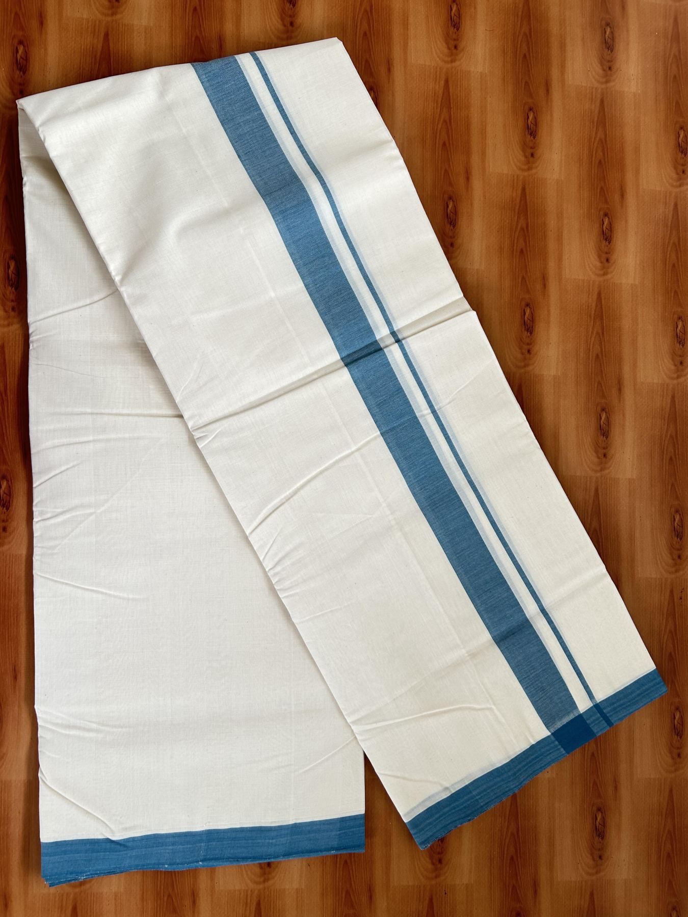 Double Off White (Unbleached) Mundu/Dhoti- 25% Discount! KaithariKada Handloom Millpaav - Kerala Handloom - Cotton - 80x90 - 1.25 inch Peacock Blue Mulloth Kara 4 meter (8.5 Muzham) - 9 KK5396 RAM