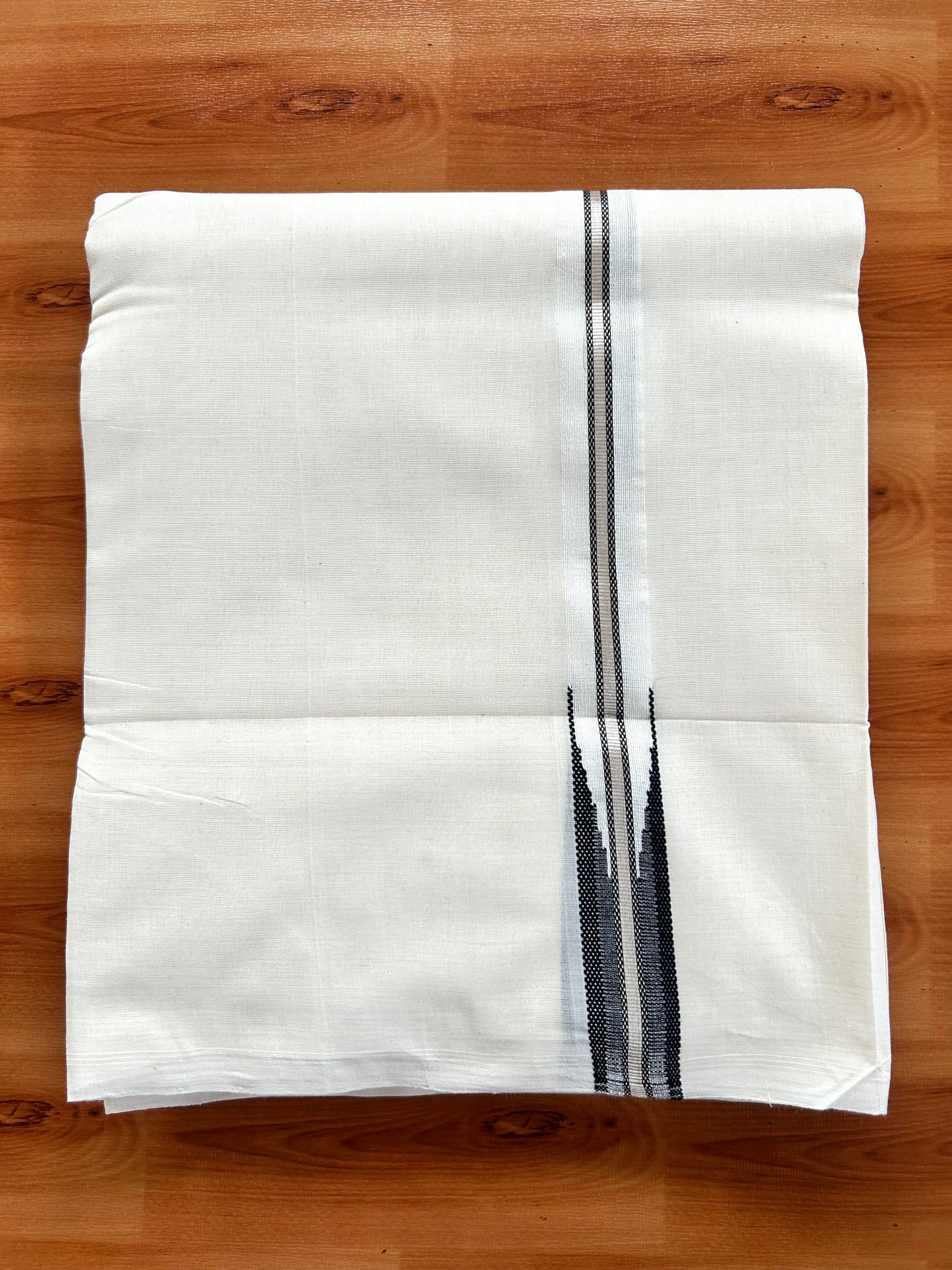 Double Off White - (Unbleached) Mundu/Dothi- 25% Discount!! KaithariKada Handloom Unakkupaav - Kerala Handloom - Pure Cotton - 80X90 - 0.5 inch Puliyilakkara Silver Kasav & Black Chutty Kara 4 mtr (8.5 muzham) - 6 KK5444 YAR
