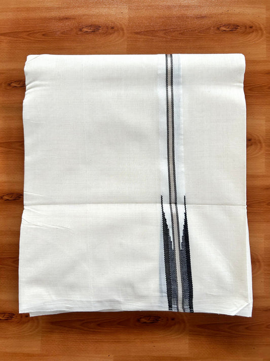 Double Off White - (Unbleached) Mundu/Dothi- 25% Discount!! KaithariKada Handloom  Millpaav - Kerala Handloom - Pure Cotton - 80X90 - 0.5 inch Puliyilakkara Silver Kasav & Black Chutty Kara 4 mtr (8.5 muzham) - 6 KK5449 YAR