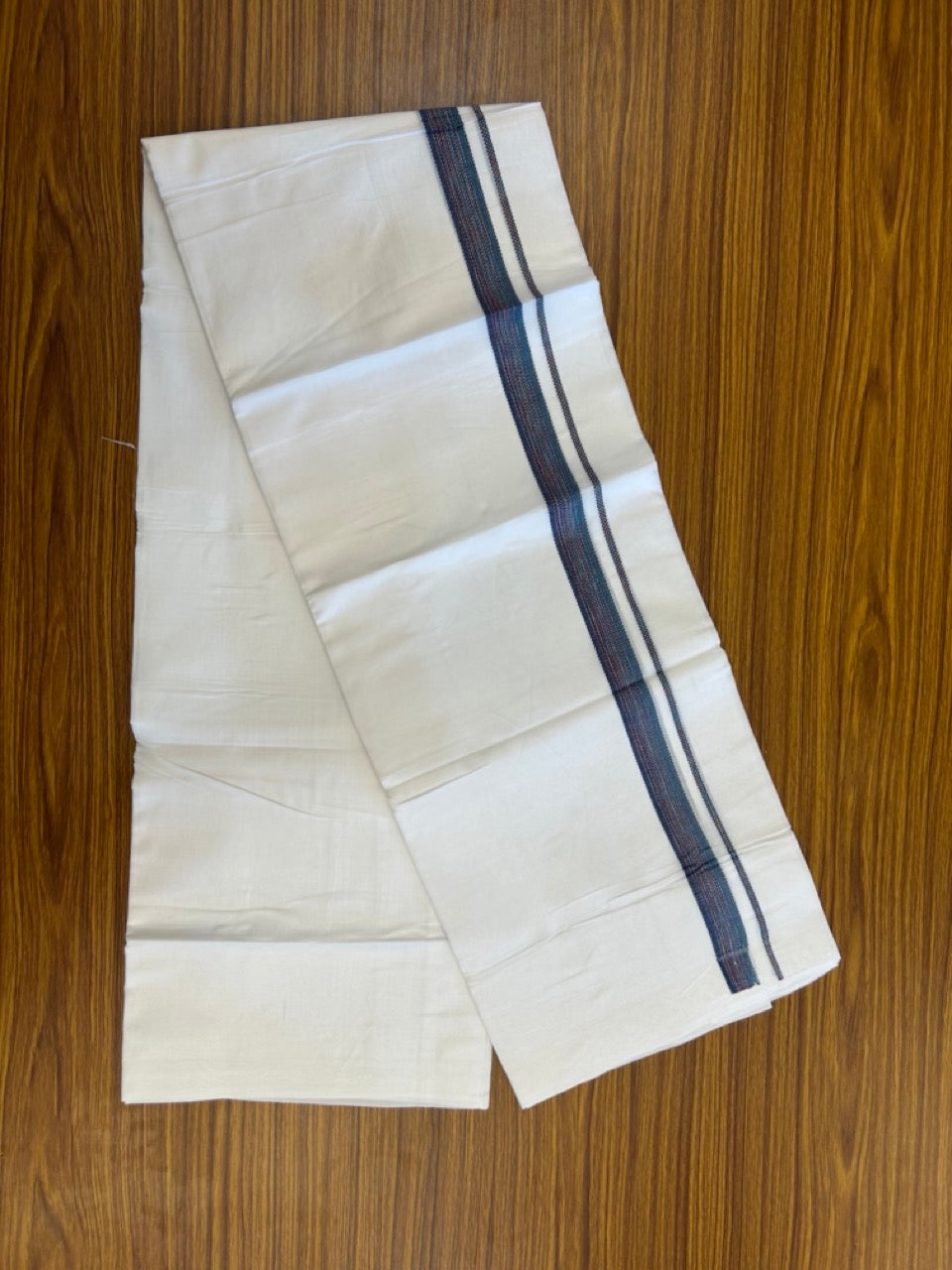 20% Discount ! Kaitharikada Balaramapuram 100% Cotton Pure White Double Rainbow Mundu/Dothi - 100x80 - 0.75 inch Navy Blue & Ocean Blue Multi colour Kara 3.80 mtr (8 muzham) - 22 KK5299 THI