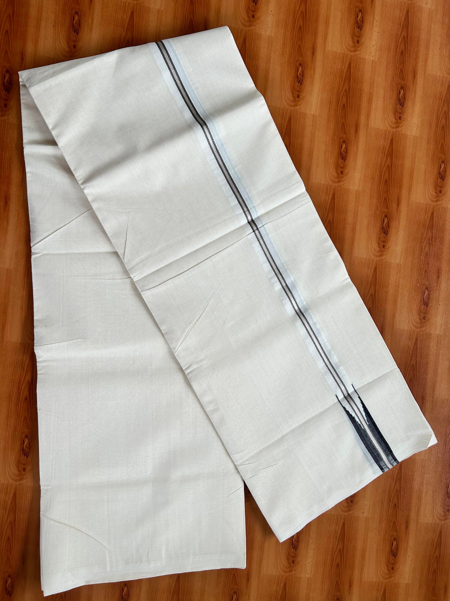 Double Off White - (Unbleached) Mundu/Dothi- 25% Discount!! KaithariKada Handloom Unakkupaav - Kerala Handloom - Pure Cotton - 80X90 - 0.5 inch Puliyilakkara Silver Kasav & Black Chutty Kara 4 mtr (8.5 muzham) - 6 KK5444 YAR