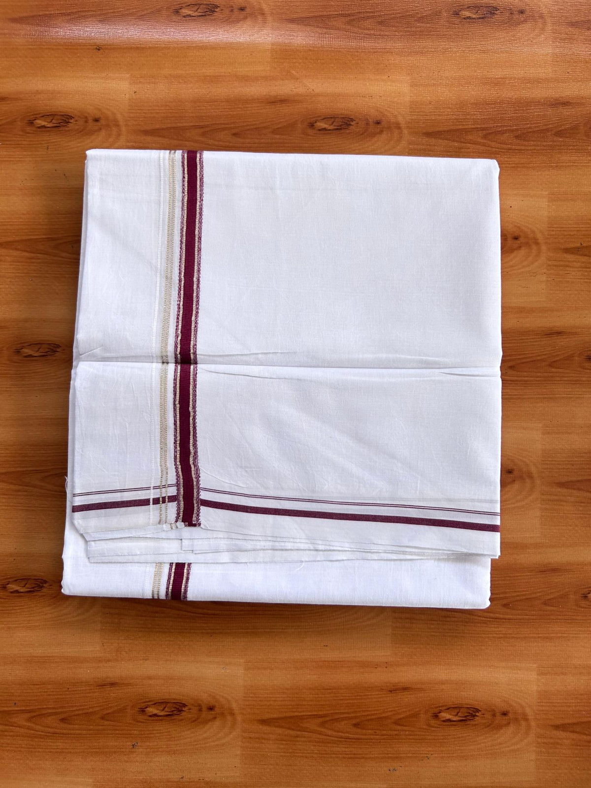 Pure White Double Mundu/Dhoti - 20% Discount ! Kaitharikada 100% Cotton  - 100x80 - 0.5 inch Silver Kasav & Maroon Stripes Kara 3.80 mtr (8 muzham) - 5 KK5513 MC