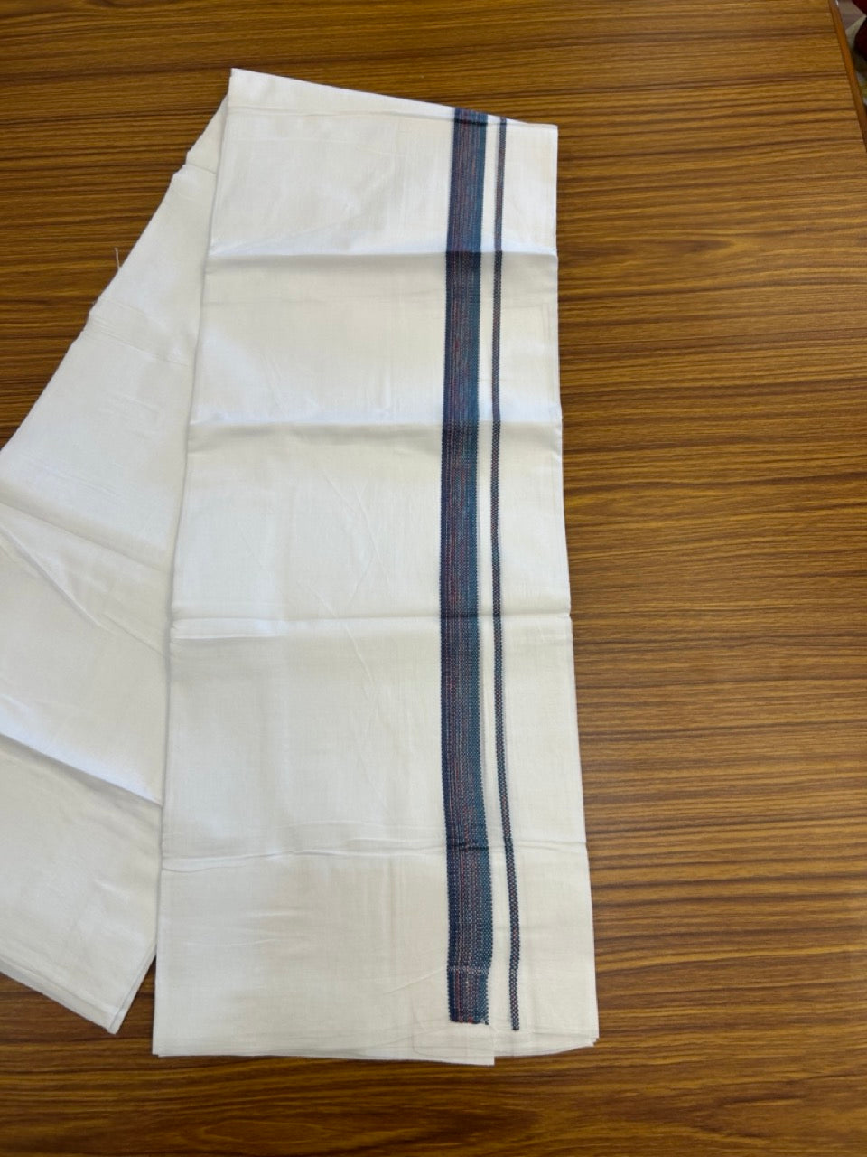 20% Discount ! Kaitharikada Balaramapuram 100% Cotton Pure White Double Rainbow Mundu/Dothi - 100x80 - 0.75 inch Navy Blue & Ocean Blue Multi colour Kara 3.80 mtr (8 muzham) - 22 KK5299 THI