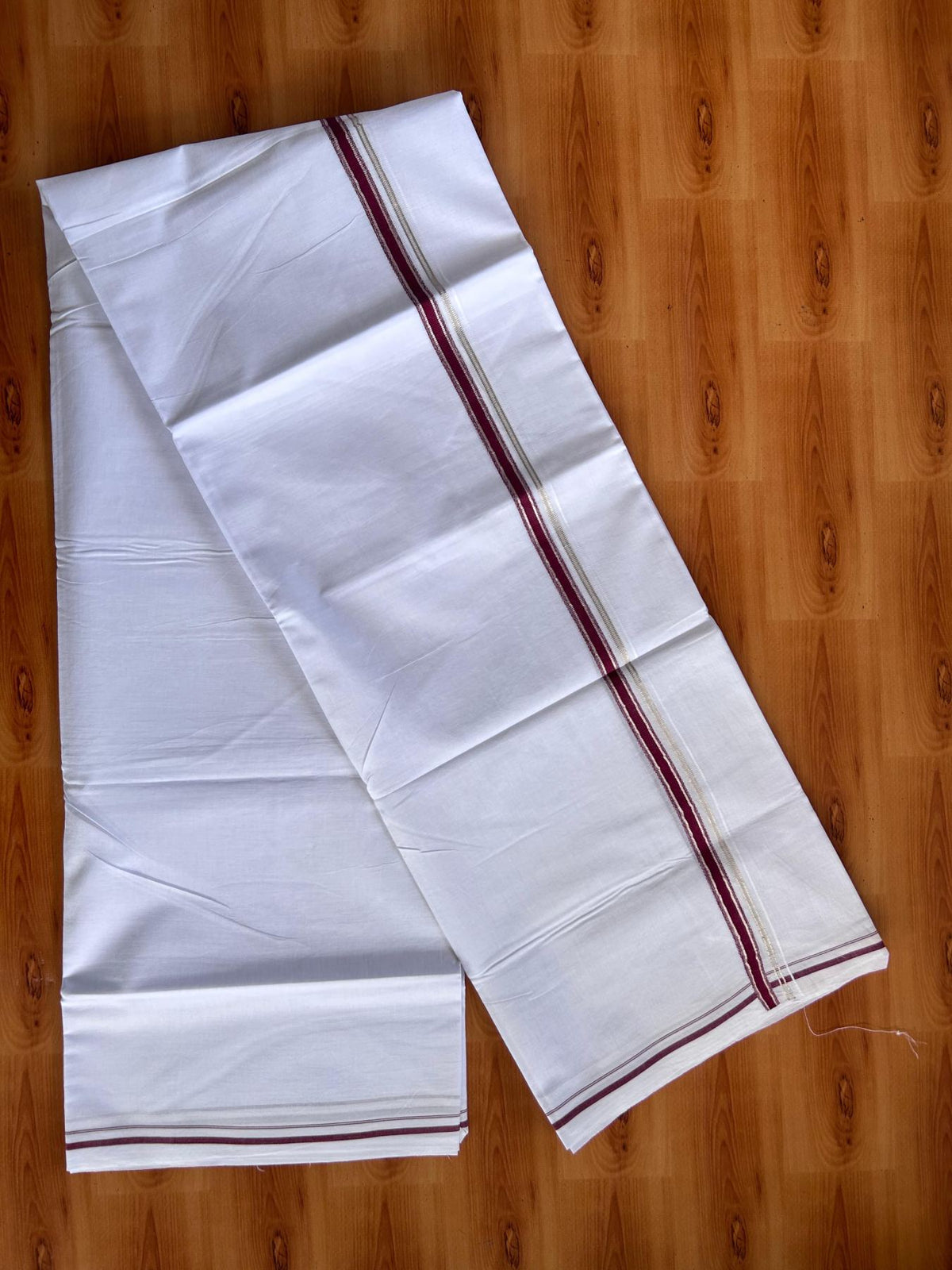 Pure White Double Mundu/Dhoti - 20% Discount ! Kaitharikada 100% Cotton  - 100x80 - 0.5 inch Silver Kasav & Maroon Stripes Kara 3.80 mtr (8 muzham) - 5 KK5513 MC