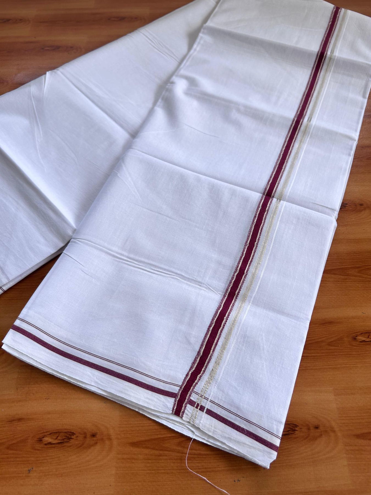Pure White Double Mundu/Dhoti - 20% Discount ! Kaitharikada 100% Cotton  - 100x80 - 0.5 inch Silver Kasav & Maroon Stripes Kara 3.80 mtr (8 muzham) - 5 KK5513 MC