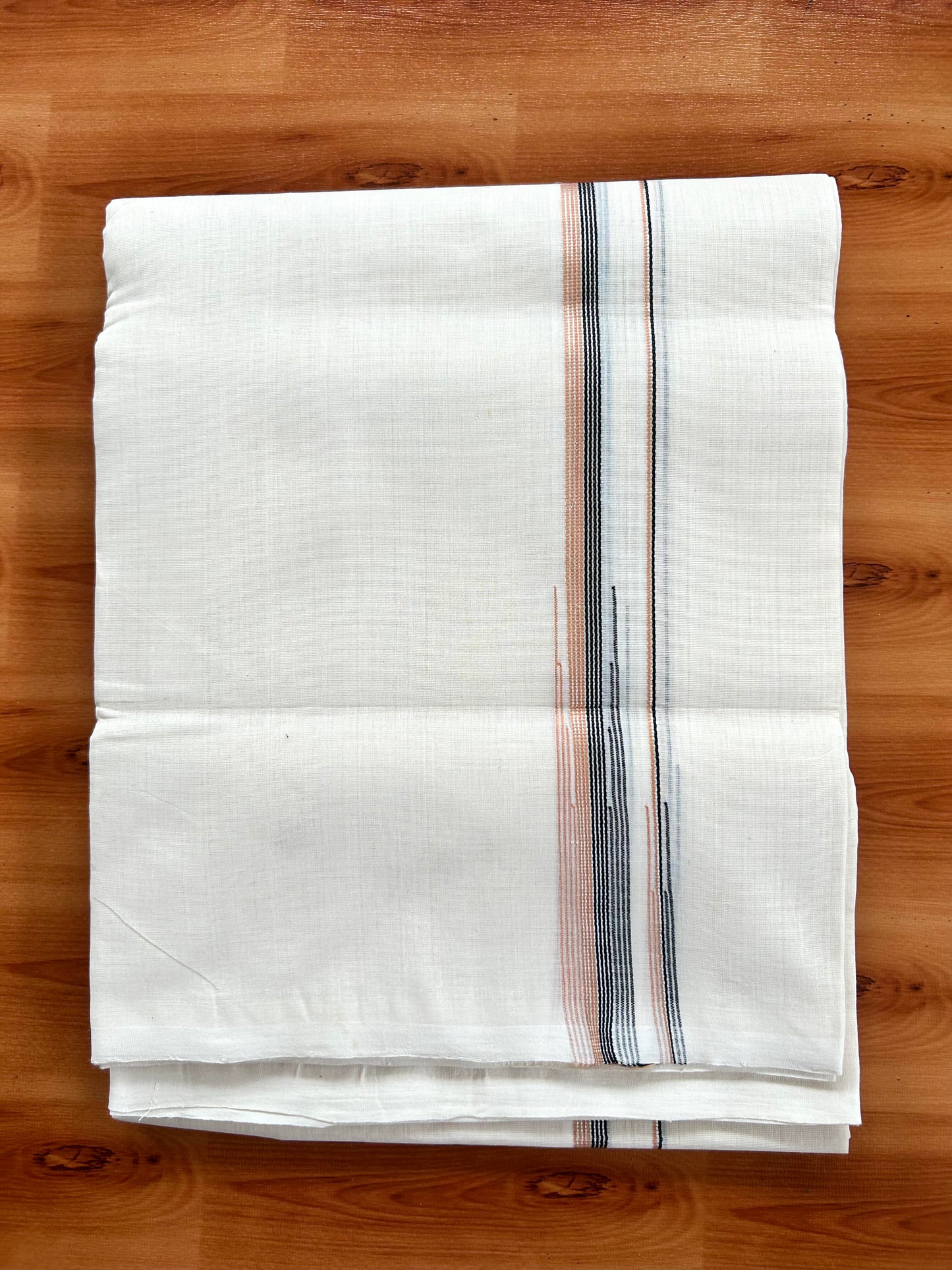 Double Off White - (Unbleached) Mundu/Dothi- 25% Discount!! KaithariKada Handloom Unakkupaav - Kerala Handloom - Pure Cotton - 80X90 - 0.5 inch Puliyilakkara Silver Kasav & Black & Peach Orange Striped Chutty Kara 4 mtr (8.5 muzham) - 11 KK5444 YAR