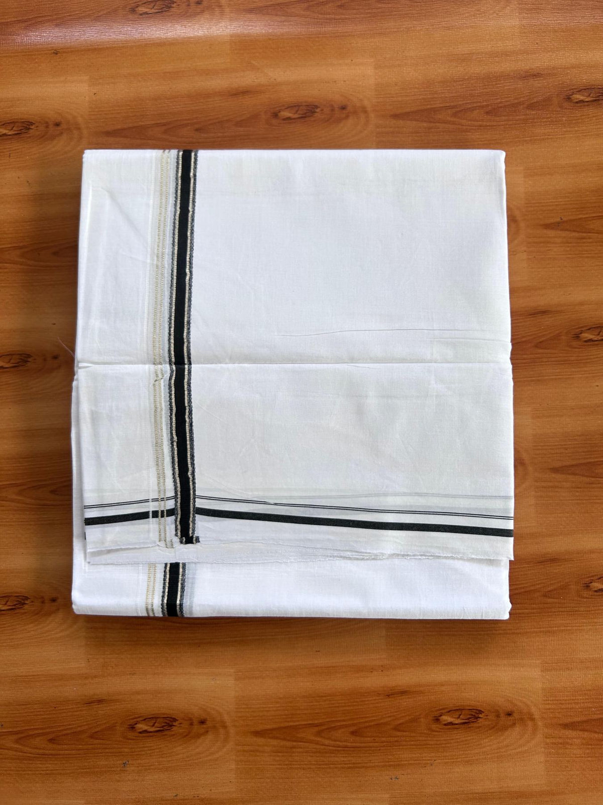 Pure White Double Mundu/Dhoti - 20% Discount ! Kaitharikada 100% Cotton  - 100x80 - 0.5 inch Silver Kasav & Black Stripes Kara 3.80 mtr (8 muzham) - 6 KK5513 MC
