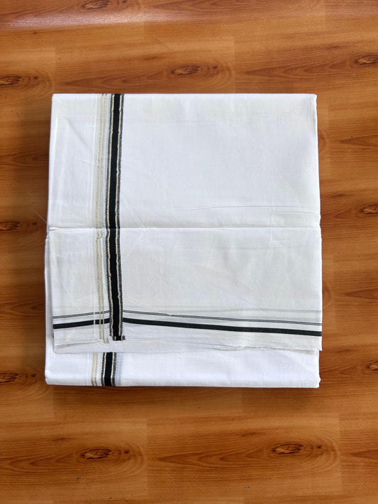 Pure White Double Mundu/Dhoti - 20% Discount ! Kaitharikada 100% Cotton  - 100x80 - 0.5 inch Silver Kasav & Black Stripes Kara 3.80 mtr (8 muzham) - 6 KK5513 MC