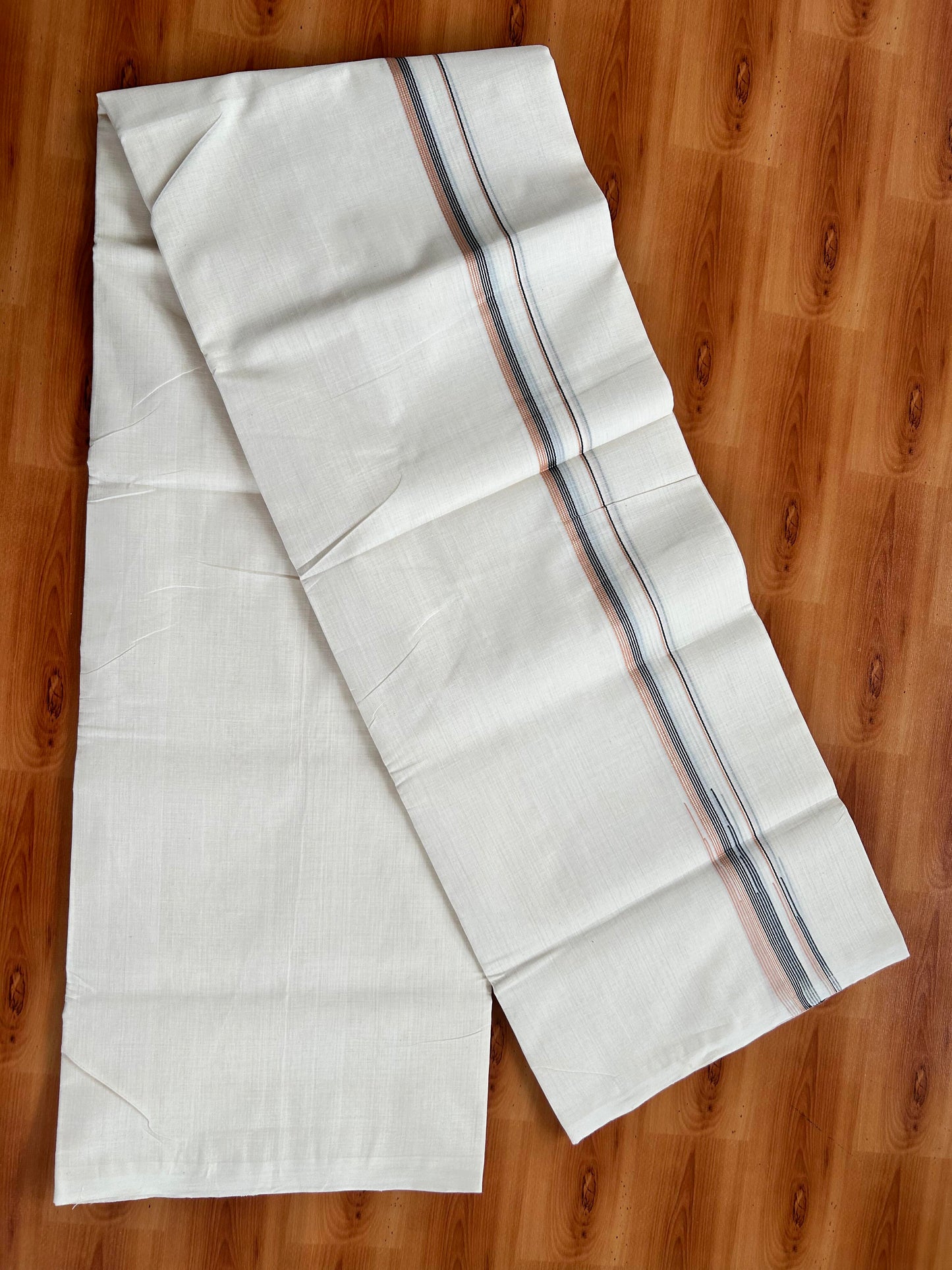 Double Off White - (Unbleached) Mundu/Dothi- 25% Discount!! KaithariKada Handloom Unakkupaav - Kerala Handloom - Pure Cotton - 80X90 - 0.5 inch Puliyilakkara Silver Kasav & Black & Peach Orange Striped Chutty Kara 4 mtr (8.5 muzham) - 11 KK5444 YAR
