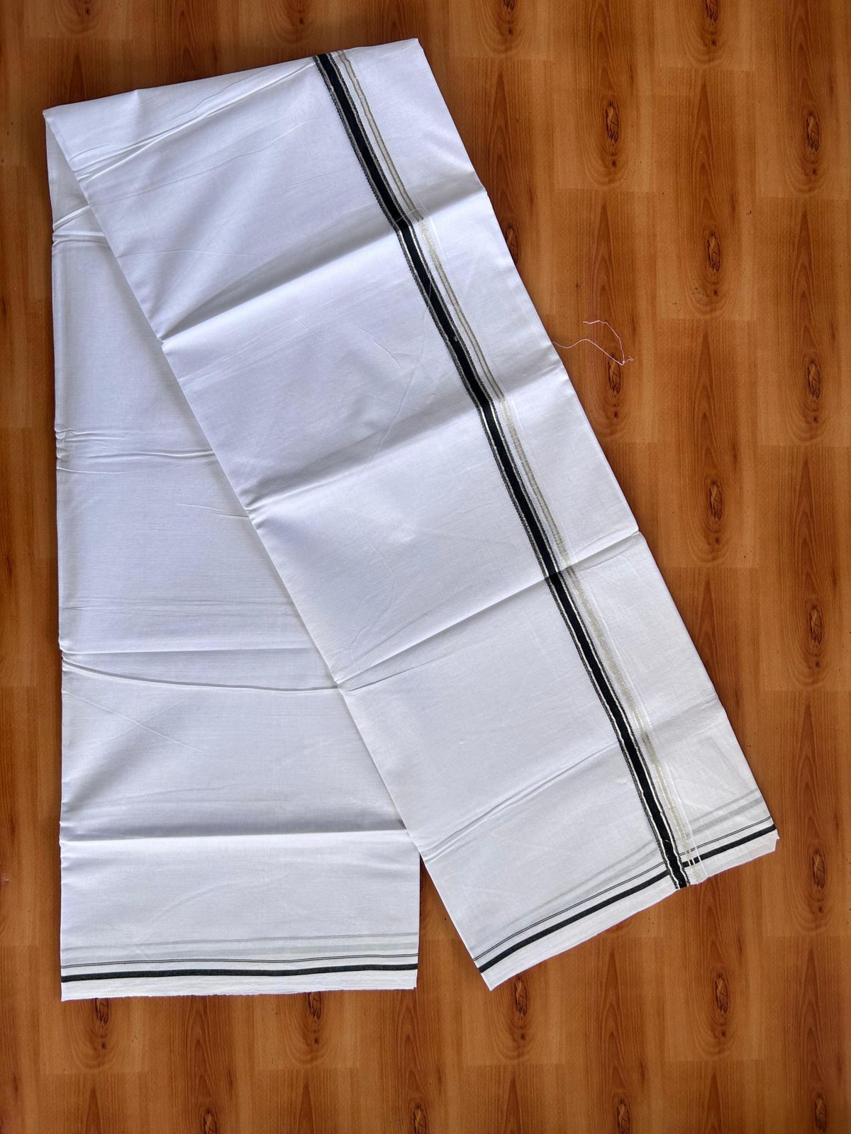 Pure White Double Mundu/Dhoti - 20% Discount ! Kaitharikada 100% Cotton  - 100x80 - 0.5 inch Silver Kasav & Black Stripes Kara 3.80 mtr (8 muzham) - 6 KK5513 MC