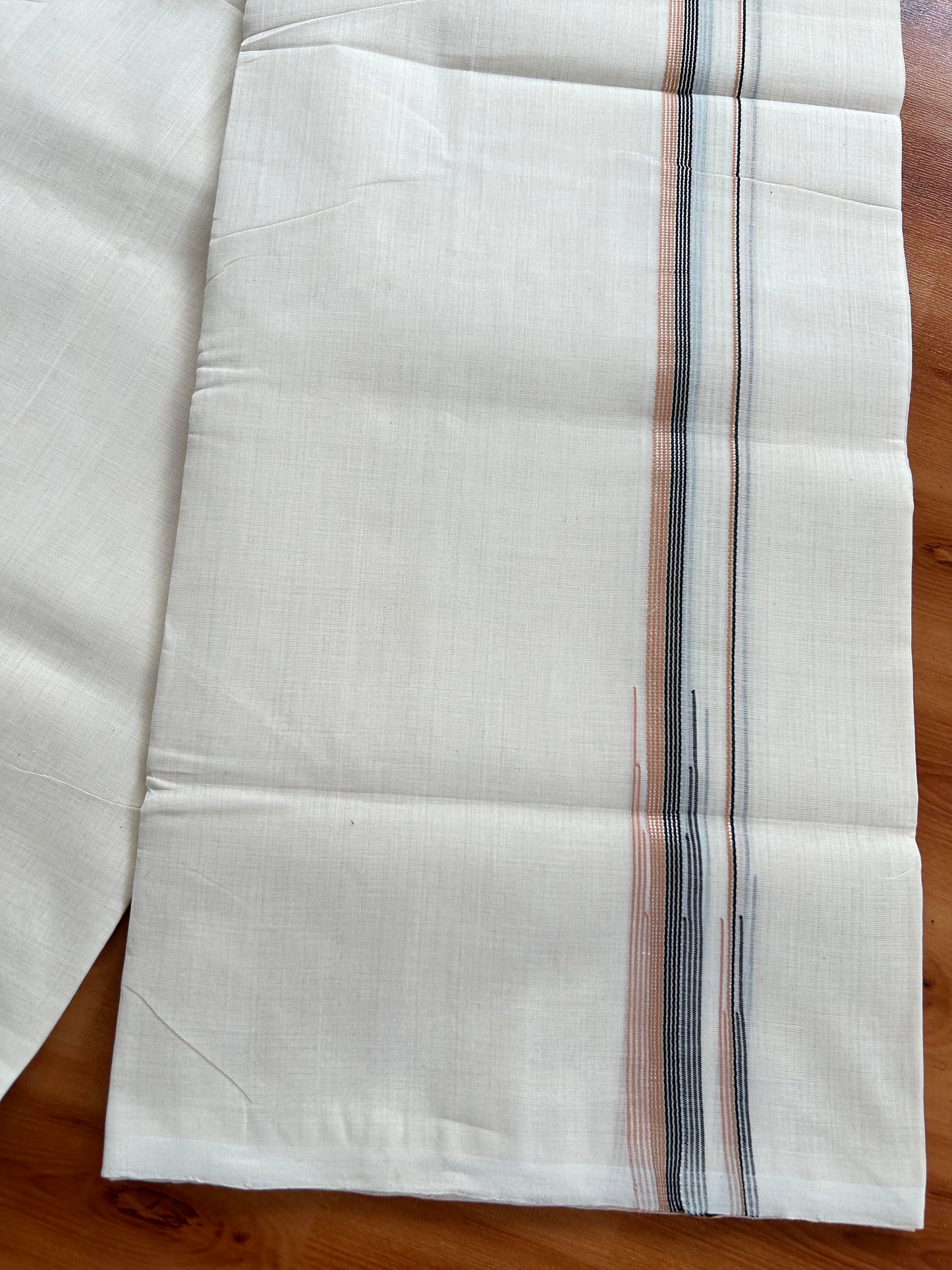 Double Off White - (Unbleached) Mundu/Dothi- 25% Discount!! KaithariKada Handloom Unakkupaav - Kerala Handloom - Pure Cotton - 80X90 - 0.5 inch Puliyilakkara Silver Kasav & Black & Peach Orange Striped Chutty Kara 4 mtr (8.5 muzham) - 11 KK5444 YAR