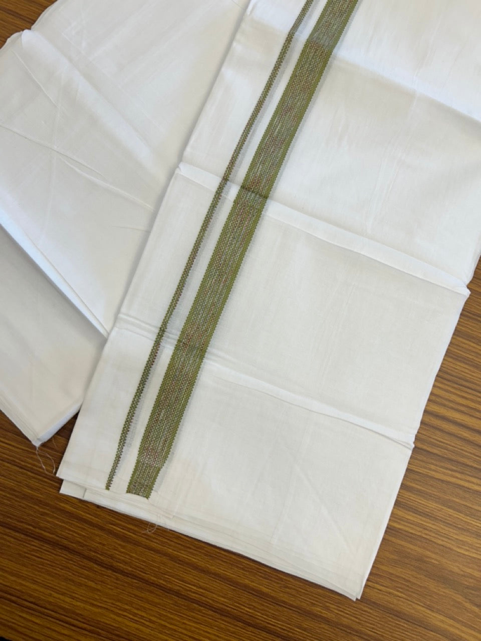 20% Discount ! Kaitharikada Balaramapuram 100% Cotton Pure White Rainbow Double Mundu/Dothi - 100x80 - 0.75 inch Light Green & Multi colour Kara 3.80 mtr (8 muzham) - 38 KK5299 THI
