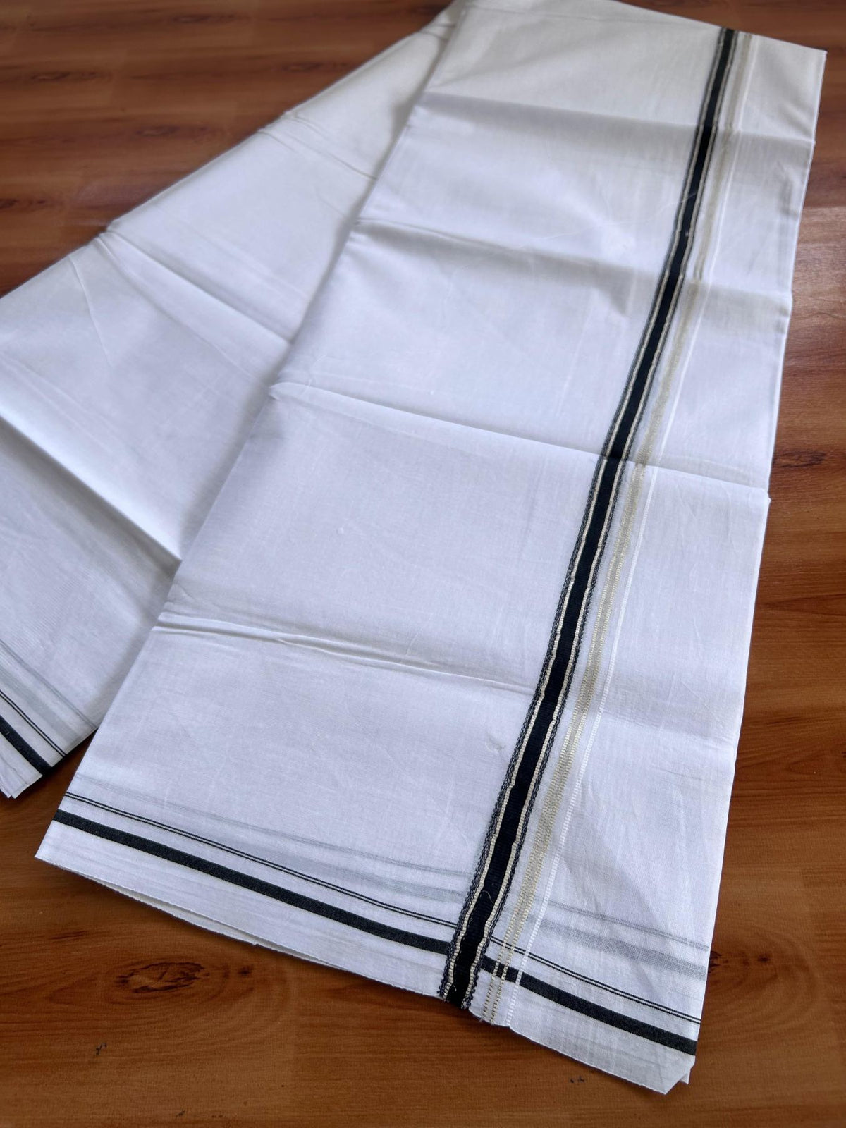 Pure White Double Mundu/Dhoti - 20% Discount ! Kaitharikada 100% Cotton  - 100x80 - 0.5 inch Silver Kasav & Black Stripes Kara 3.80 mtr (8 muzham) - 6 KK5513 MC