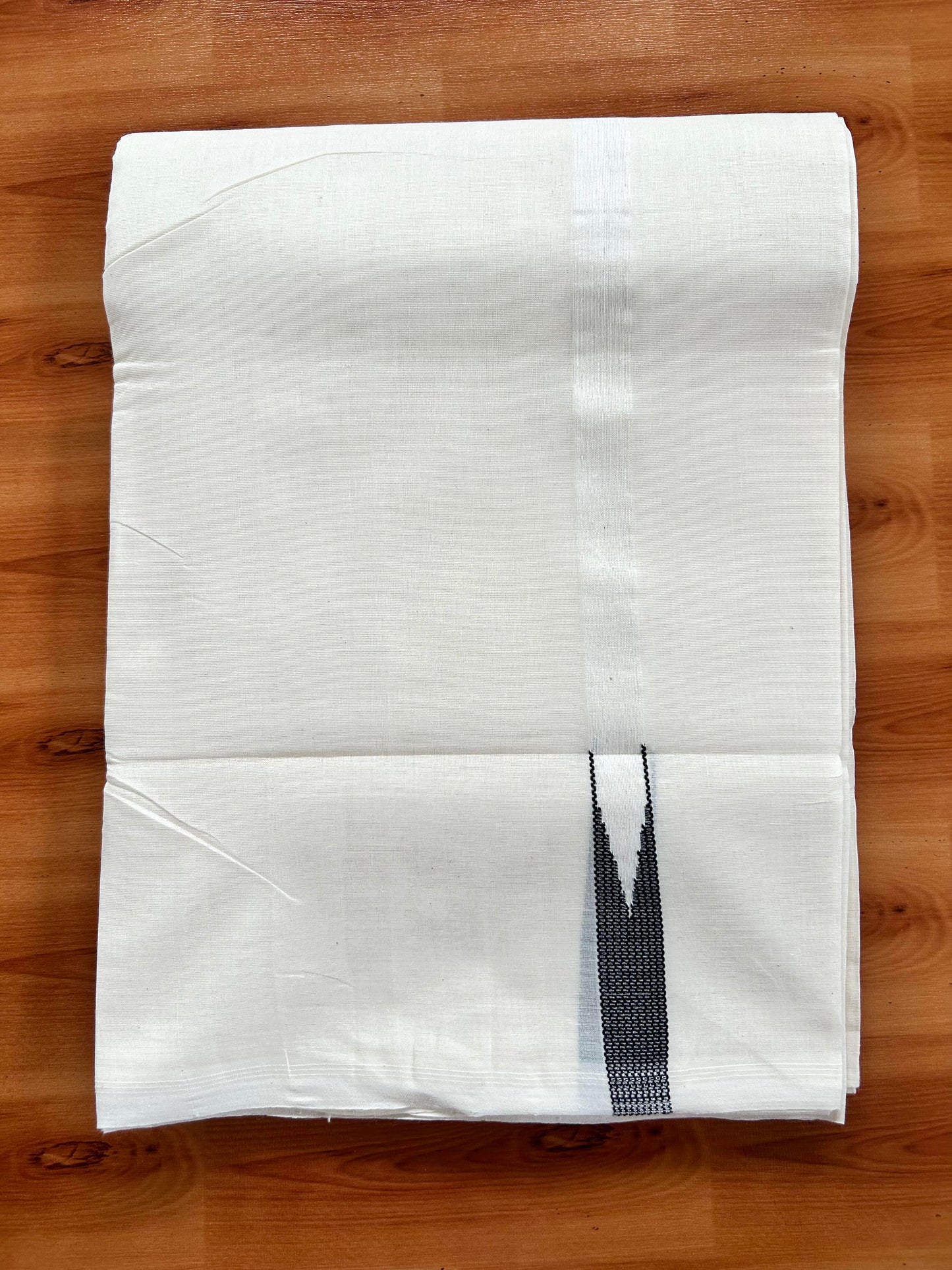 Double Off White (Unbleached) Mundu/Dhoti - 25% Discount!! KaithariKada Handloom Millpaav- Kerala Handloom - 100% Pure Cotton - 80x90 - 0.5 inch Black Striped Chutty Kara 4 meter (8.5 muzham) - 19 KK5449 YAR