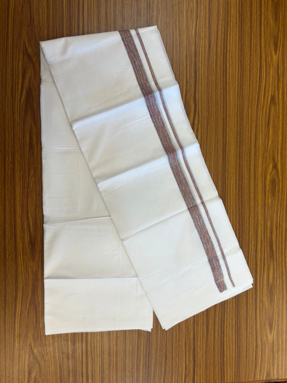 20% Discount ! Kaitharikada Balaramapuram 100% Cotton Pure White Double Rainbow Mundu/Dothi - 100x80 - 0.75 inch Multi colour Kara 3.80 mtr (8 muzham) - 26 KK5299 THI