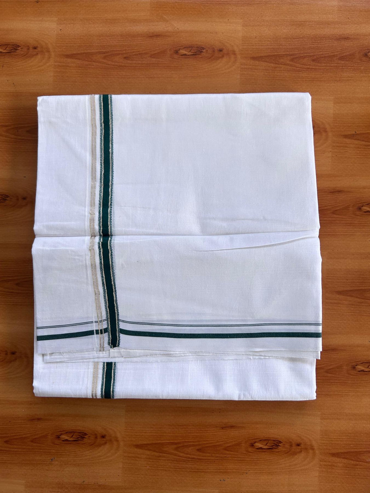 Pure White Double Mundu/Dhoti - 20% Discount ! Kaitharikada 100% Cotton  - 100x80 - 0.5 inch Silver Kasav & Dark Green Stripes Kara 3.80 mtr (8 muzham) - 7 KK5513 MC