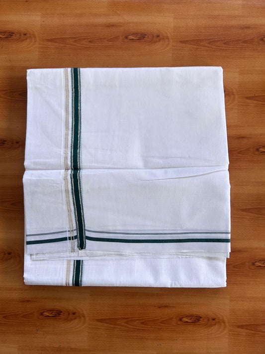 Pure White Double Mundu/Dhoti - 20% Discount ! Kaitharikada 100% Cotton  - 100x80 - 0.5 inch Silver Kasav & Dark Green Stripes Kara 3.80 mtr (8 muzham) - 7 KK5513 MC