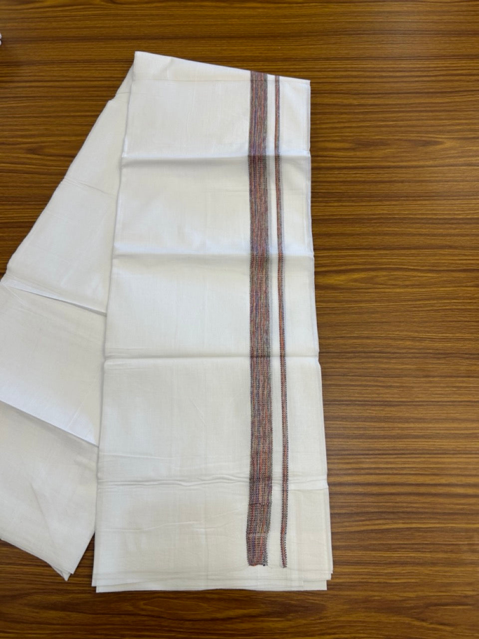 20% Discount ! Kaitharikada Balaramapuram 100% Cotton Pure White Double Rainbow Mundu/Dothi - 100x80 - 0.75 inch Multi colour Kara 3.80 mtr (8 muzham) - 26 KK5299 THI