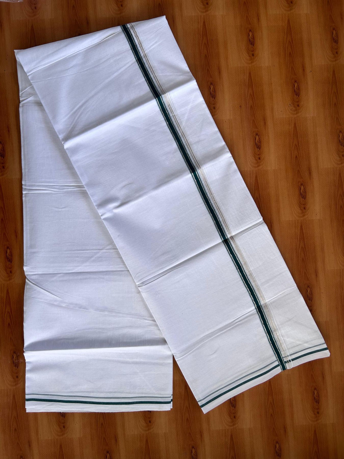 Pure White Double Mundu/Dhoti - 20% Discount ! Kaitharikada 100% Cotton  - 100x80 - 0.5 inch Silver Kasav & Dark Green Stripes Kara 3.80 mtr (8 muzham) - 7 KK5513 MC