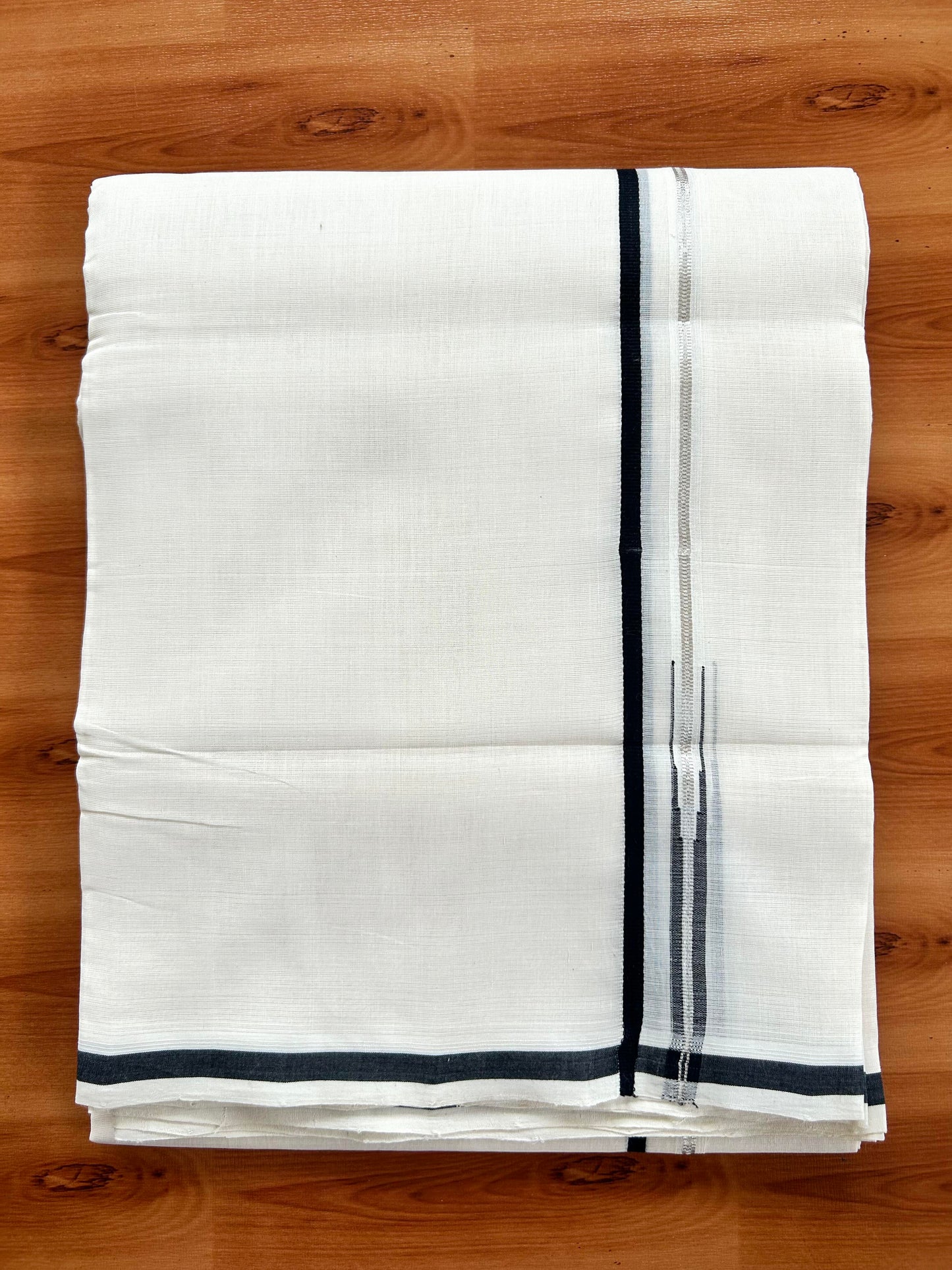 Double Off White - (Unbleached) Mundu/Dothi- 25% Discount!! KaithariKada Handloom Unakkupaav - Kerala Handloom - Pure Cotton - 80X90 - 0.5 inch Puliyilakkara Silver Kasav & Black Chutty Kara 4 mtr (8.5 muzham) - 1 KK5444 YAR