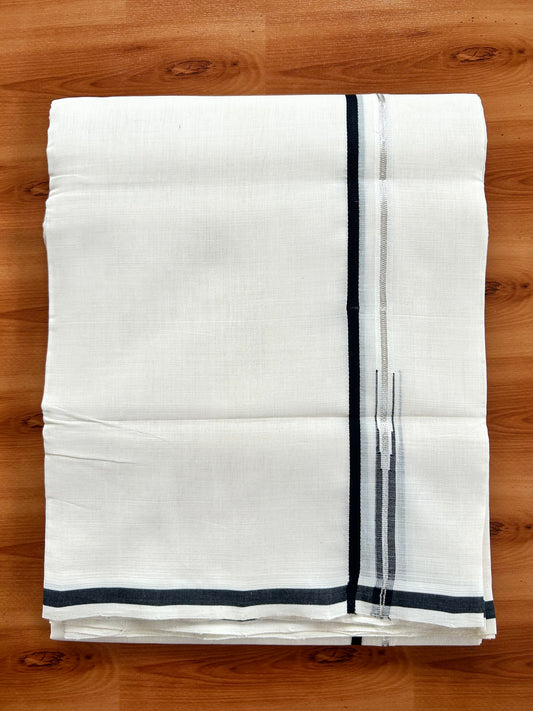 Double Off White - (Unbleached) Mundu/Dothi- 25% Discount!! KaithariKada Handloom Unakkupaav - Kerala Handloom - Pure Cotton - 80X90 - 0.5 inch Puliyilakkara Silver Kasav & Black Chutty Kara 4 mtr (8.5 muzham) - 1 KK5444 YAR