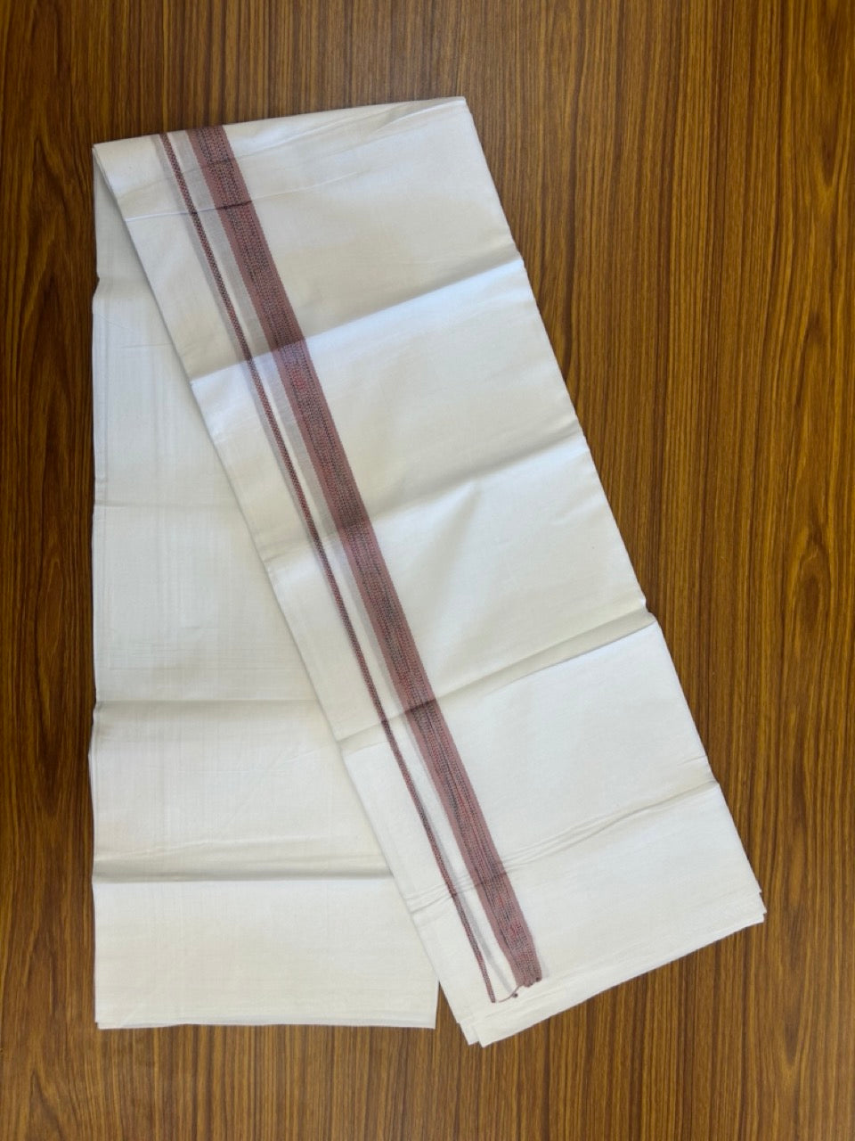 20% Discount ! Kaitharikada Balaramapuram 100% Cotton Pure White Rainbow Double Mundu/Dothi - 100x80 - 0.75 inch Dusty Rose & Multi colour Kara 3.80 mtr (8 muzham) - 31 KK5299 THI