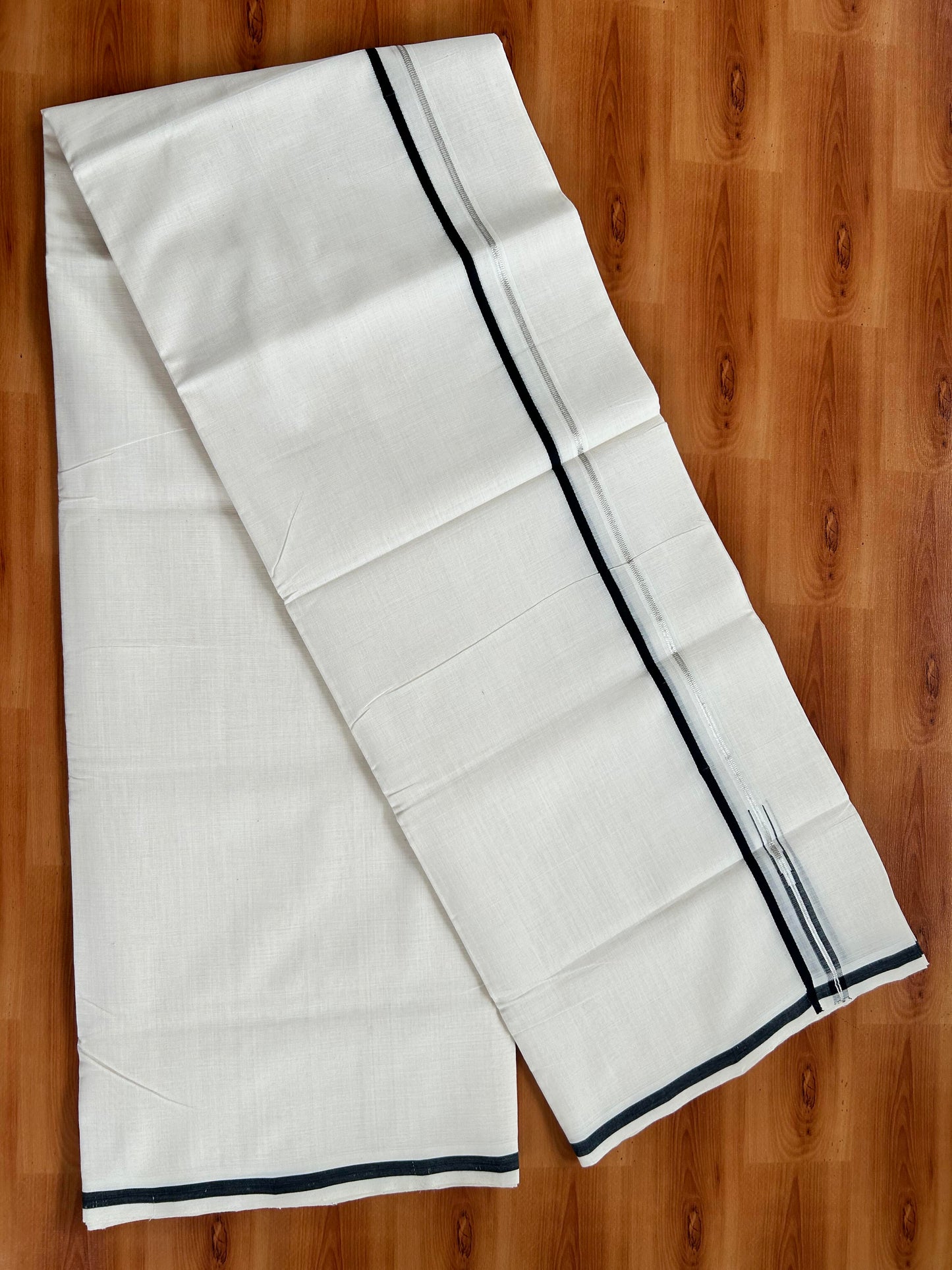 Double Off White - (Unbleached) Mundu/Dothi- 25% Discount!! KaithariKada Handloom Unakkupaav - Kerala Handloom - Pure Cotton - 80X90 - 0.5 inch Puliyilakkara Silver Kasav & Black Chutty Kara 4 mtr (8.5 muzham) - 1 KK5444 YAR