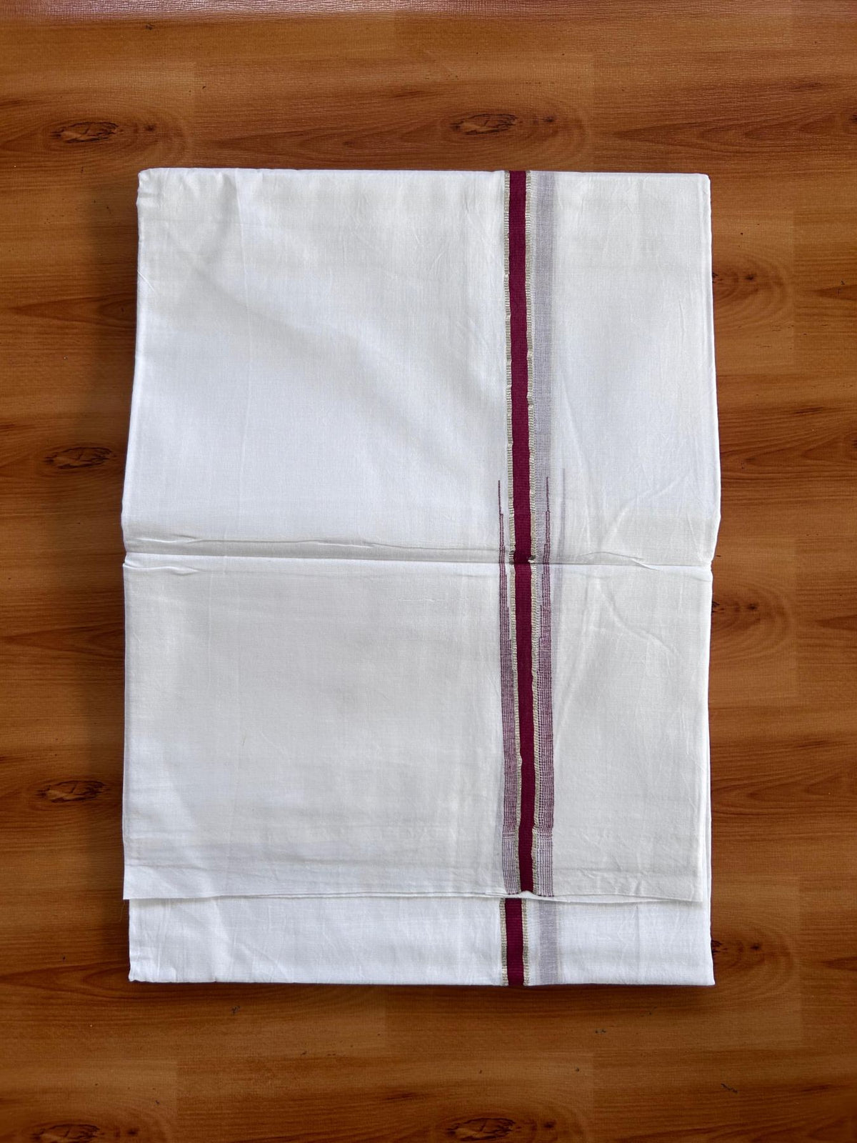 Pure White Double Mundu/Dhoti - 20% Discount ! Kaitharikada 100% Cotton - 100x80 - 0.5 inch Puliyilakkara Silver Kasav & Reddish Maroon Chutty 3.80 mtr (8 muzham) - 8 KK5513 MC