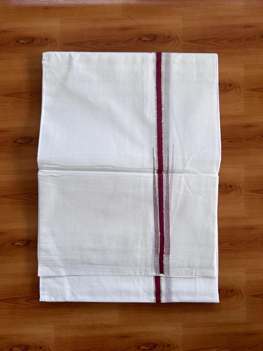 Pure White Double Mundu/Dhoti - 20% Discount ! Kaitharikada 100% Cotton - 100x80 - 0.5 inch Puliyilakkara Silver Kasav & Reddish Maroon Chutty 3.80 mtr (8 muzham) - 8 KK5513 MC