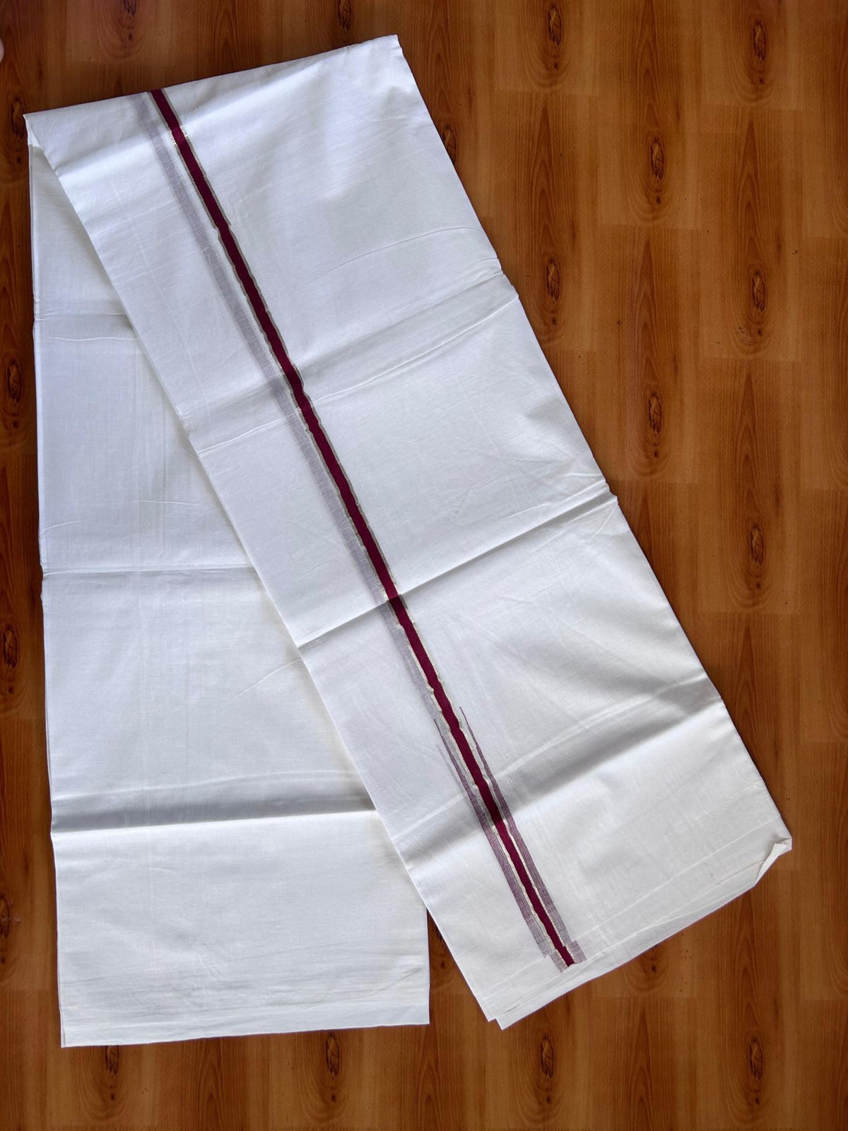 Pure White Double Mundu/Dhoti - 20% Discount ! Kaitharikada 100% Cotton - 100x80 - 0.5 inch Puliyilakkara Silver Kasav & Reddish Maroon Chutty 3.80 mtr (8 muzham) - 8 KK5513 MC