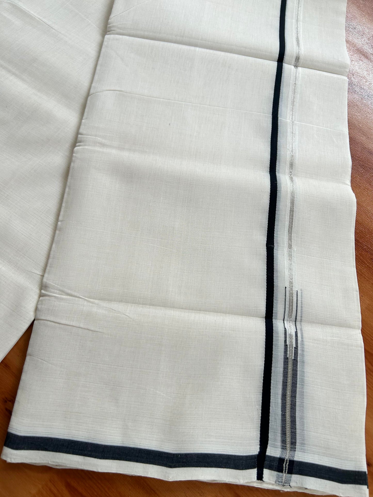 Double Off White - (Unbleached) Mundu/Dothi- 25% Discount!! KaithariKada Handloom Unakkupaav - Kerala Handloom - Pure Cotton - 80X90 - 0.5 inch Puliyilakkara Silver Kasav & Black Chutty Kara 4 mtr (8.5 muzham) - 1 KK5444 YAR