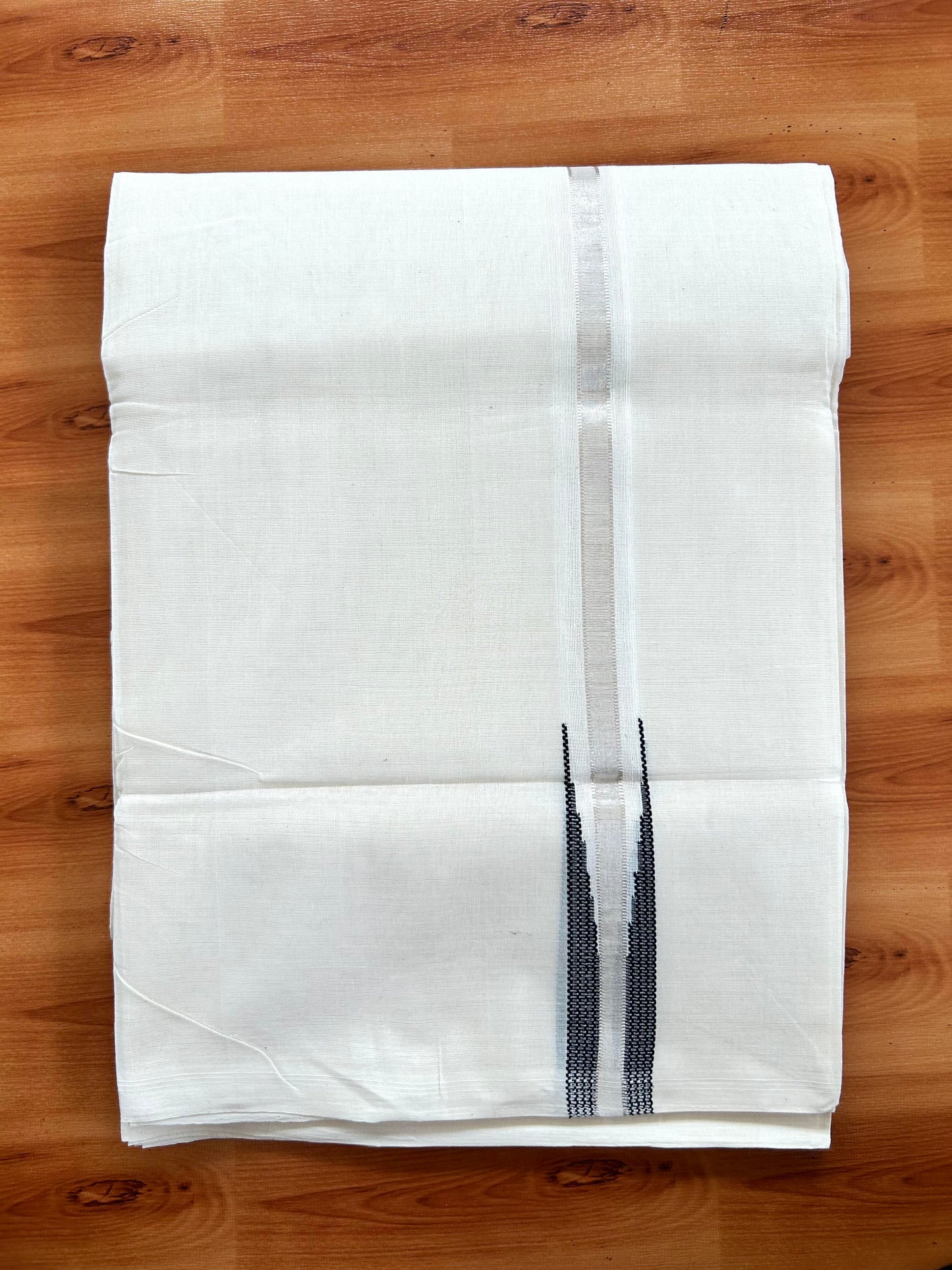 Double Off White - (Unbleached) Mundu/Dothi- 25% Discount!! KaithariKada Handloom Unakkupaav - Kerala Handloom - Pure Cotton - 80X90 - 0.5 inch Puliyilakkara Silver Kasav & Black Chutty Kara 4 mtr (8.5 muzham) - 7 KK5444 YAR
