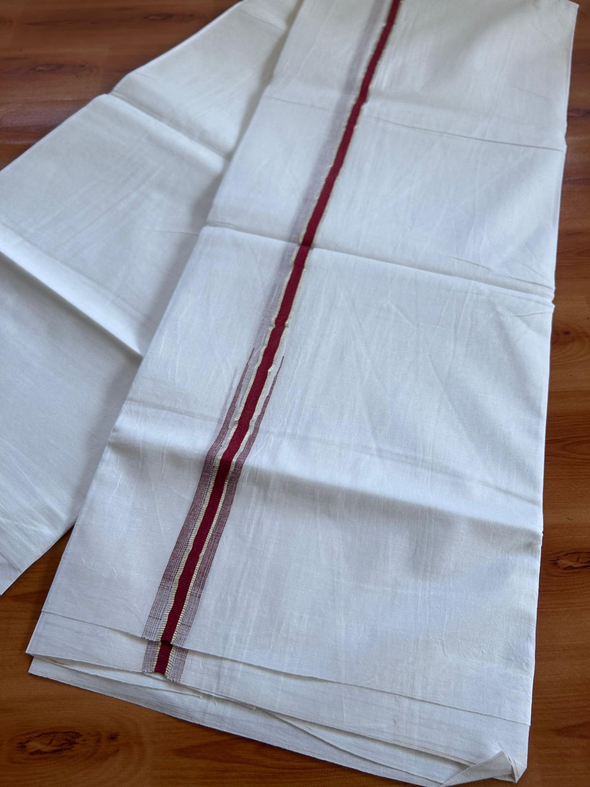 Pure White Double Mundu/Dhoti - 20% Discount ! Kaitharikada 100% Cotton - 100x80 - 0.5 inch Puliyilakkara Silver Kasav & Reddish Maroon Chutty 3.80 mtr (8 muzham) - 8 KK5513 MC