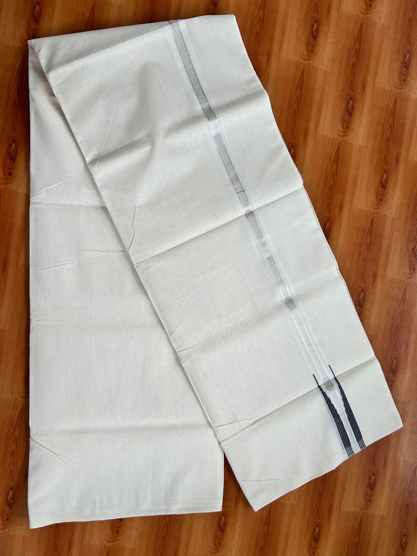 Double Off White - (Unbleached) Mundu/Dothi- 25% Discount!! KaithariKada Handloom Unakkupaav - Kerala Handloom - Pure Cotton - 80X90 - 0.5 inch Puliyilakkara Silver Kasav & Black Chutty Kara 4 mtr (8.5 muzham) - 7 KK5444 YAR