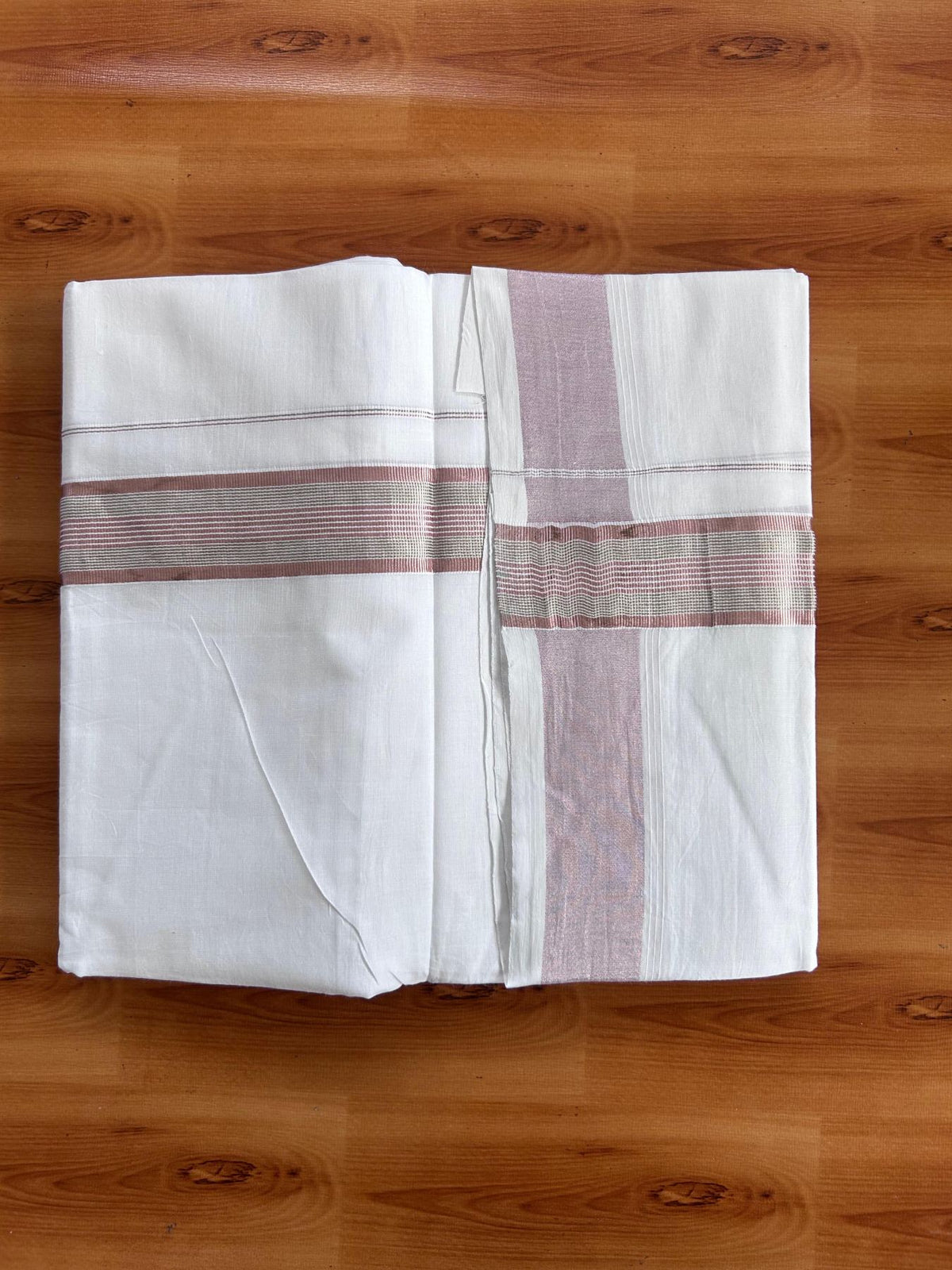 Pure White Double Mundu/Dothi - 20% Discount ! Kaitharikada Balaramapuram 100% Cotton - 100x80 - 1.5 inch Rose Pink Kasav & Silver Kasav Stripes Kara 3.90 m (8 muzham) - 14 KK5513 MC