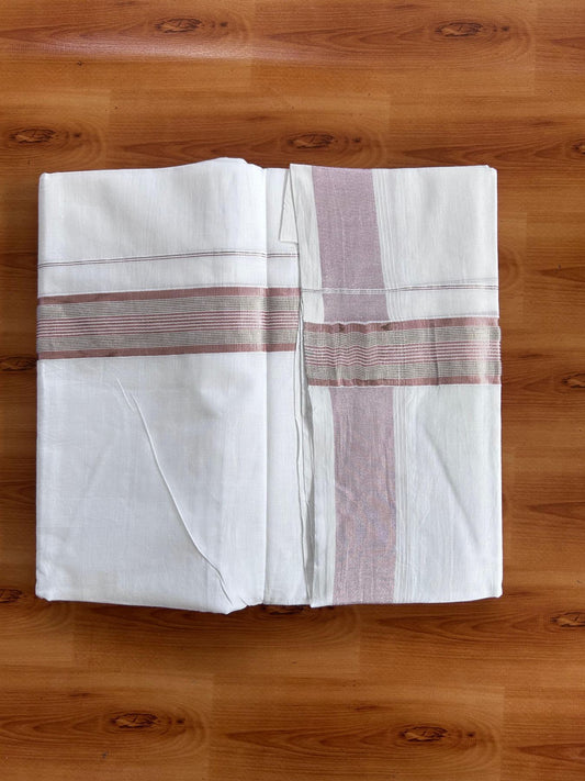 Pure White Double Mundu/Dothi - 20% Discount ! Kaitharikada Balaramapuram 100% Cotton - 100x80 - 1.5 inch Rose Pink Kasav & Silver Kasav Stripes Kara 3.90 m (8 muzham) - 14 KK5513 MC