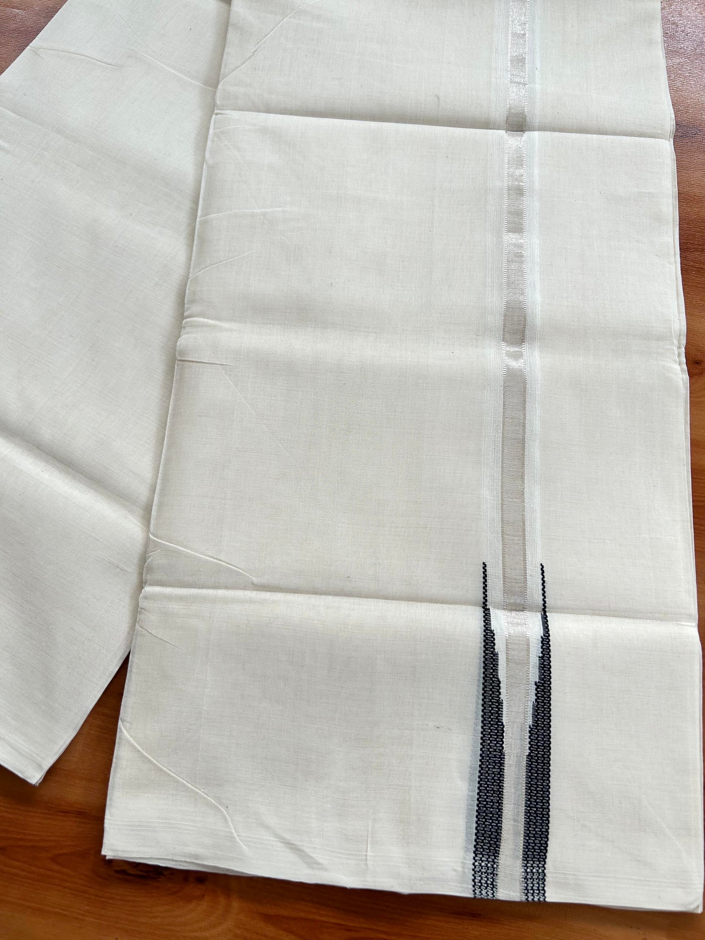Double Off White - (Unbleached) Mundu/Dothi- 25% Discount!! KaithariKada Handloom Unakkupaav - Kerala Handloom - Pure Cotton - 80X90 - 0.5 inch Puliyilakkara Silver Kasav & Black Chutty Kara 4 mtr (8.5 muzham) - 7 KK5444 YAR