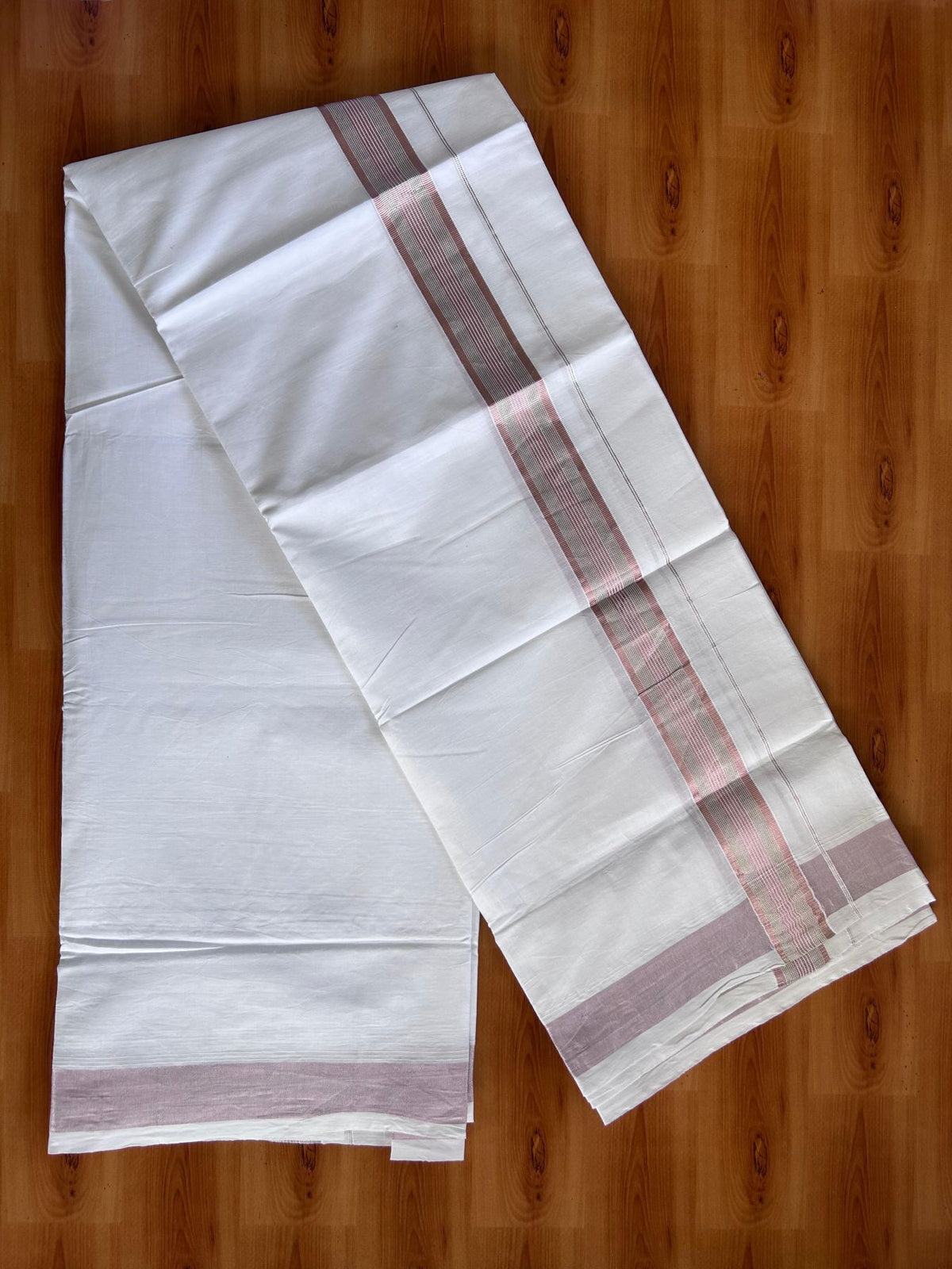 Pure White Double Mundu/Dothi - 20% Discount ! Kaitharikada Balaramapuram 100% Cotton - 100x80 - 1.5 inch Rose Pink Kasav & Silver Kasav Stripes Kara 3.90 m (8 muzham) - 14 KK5513 MC