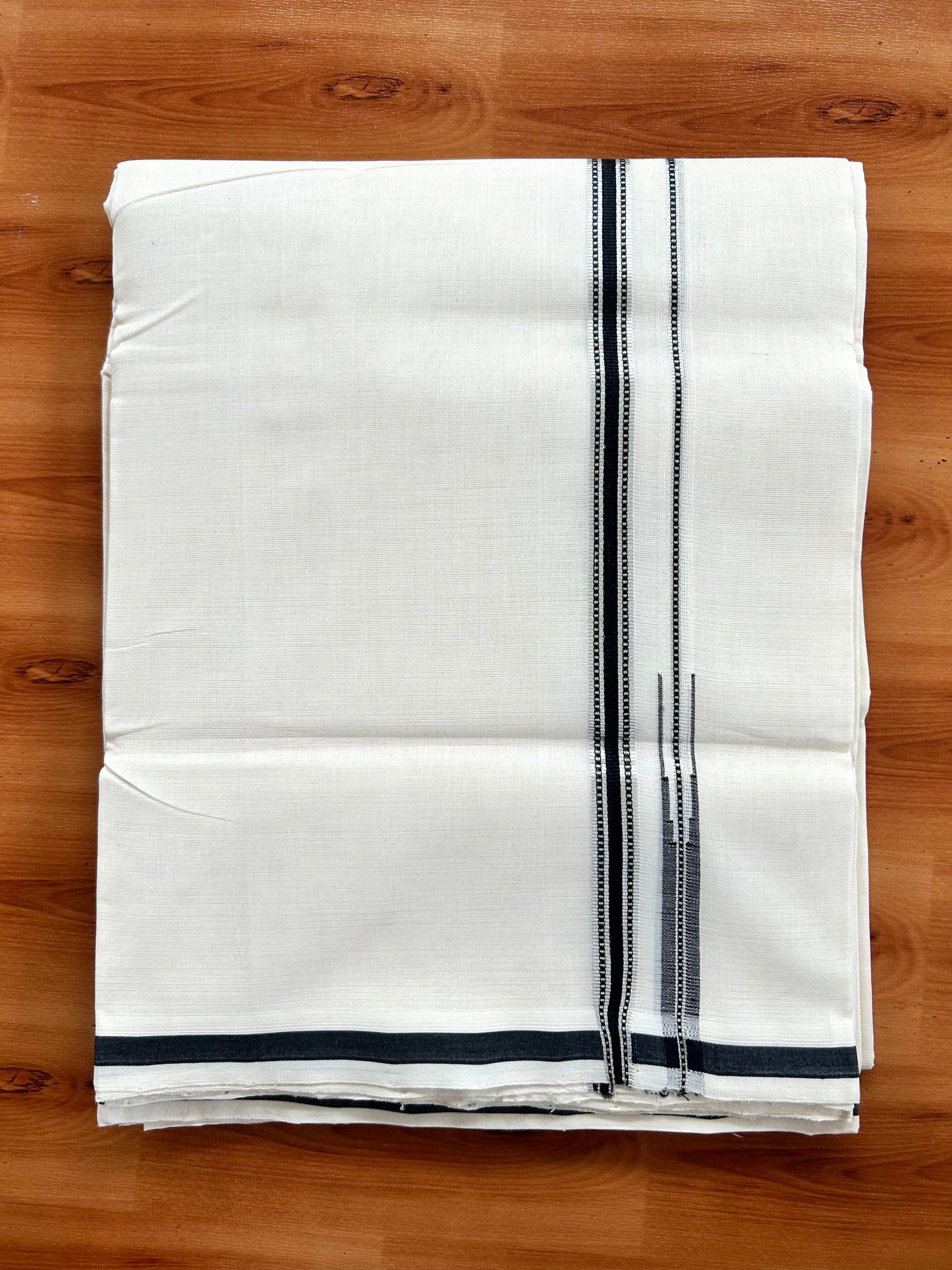 Double Off White - (Unbleached) Mundu/Dothi- 25% Discount!! KaithariKada Handloom Unakkupaav - Kerala Handloom - Pure Cotton - 80X90 - 0.5 inch Puliyilakkara Silver Kasav & Black Chutty Kara 4 mtr (8.5 muzham) - 4 KK5444 YAR