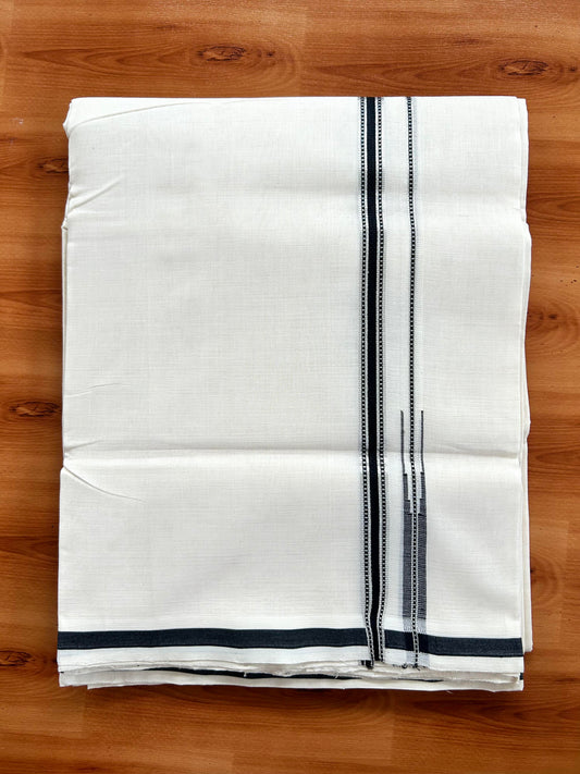 Double Off White - (Unbleached) Mundu/Dothi- 25% Discount!! KaithariKada Handloom Unakkupaav - Kerala Handloom - Pure Cotton - 80X90 - 0.5 inch Puliyilakkara Silver Kasav & Black Chutty Kara 4 mtr (8.5 muzham) - 4 KK5444 YAR