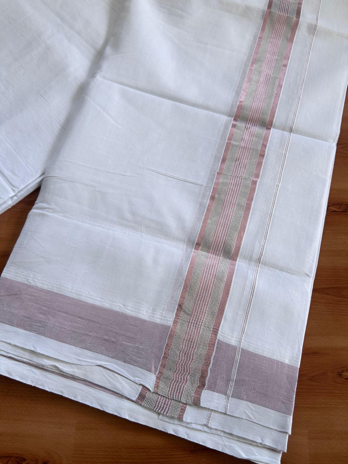 Pure White Double Mundu/Dothi - 20% Discount ! Kaitharikada Balaramapuram 100% Cotton - 100x80 - 1.5 inch Rose Pink Kasav & Silver Kasav Stripes Kara 3.90 m (8 muzham) - 14 KK5513 MC