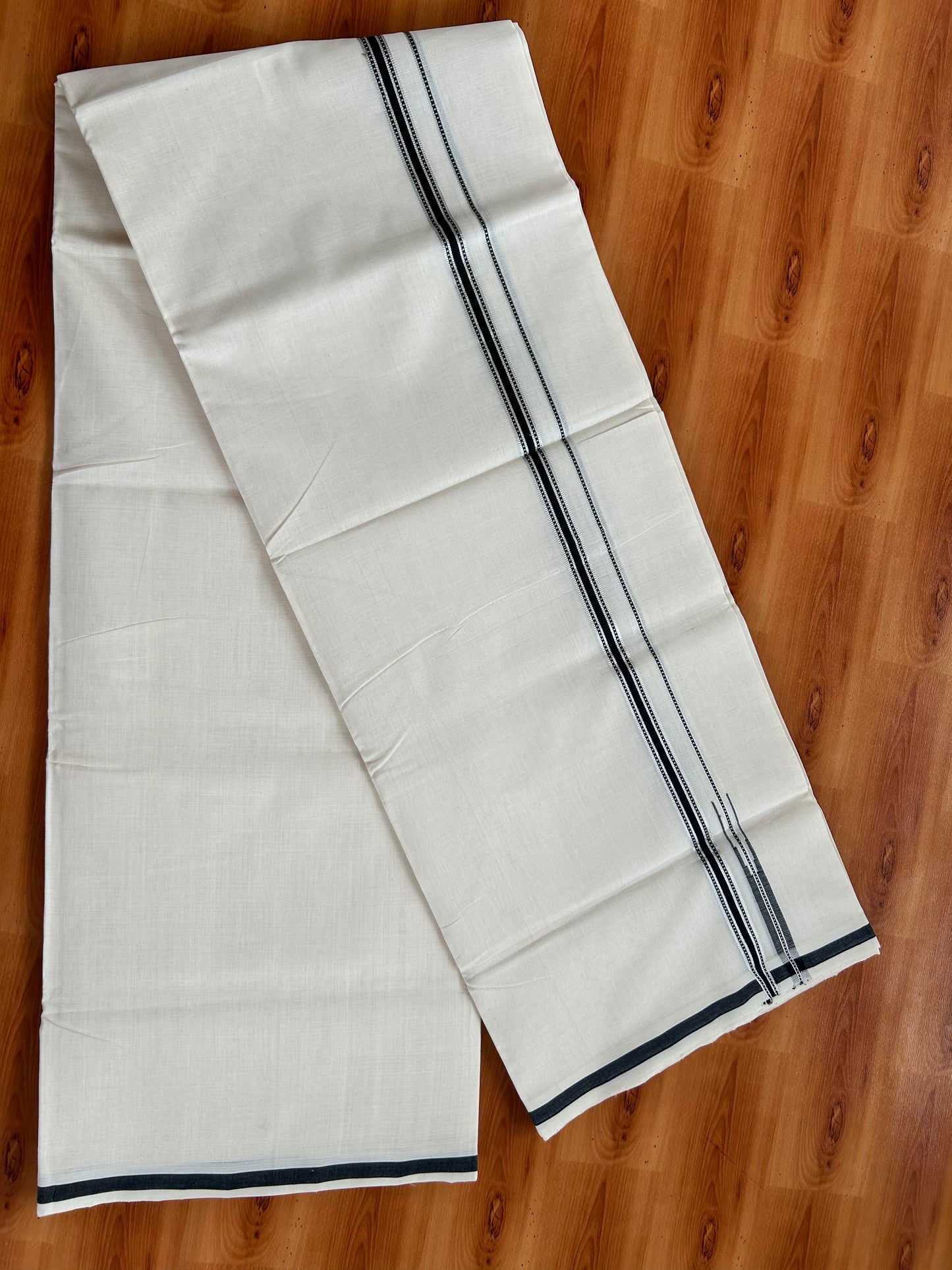 Double Off White - (Unbleached) Mundu/Dothi- 25% Discount!! KaithariKada Handloom Unakkupaav - Kerala Handloom - Pure Cotton - 80X90 - 0.5 inch Puliyilakkara Silver Kasav & Black Chutty Kara 4 mtr (8.5 muzham) - 4 KK5444 YAR