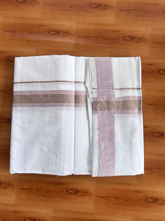 Pure White Double Mundu/Dothi - 20% Discount ! Kaitharikada Balaramapuram 100% Cotton - 100x80 - 1.5 inch Rose Pink Kasav & Silver Kasav Stripes Kara 3.90 m (8 muzham) - 13 KK5513 MC