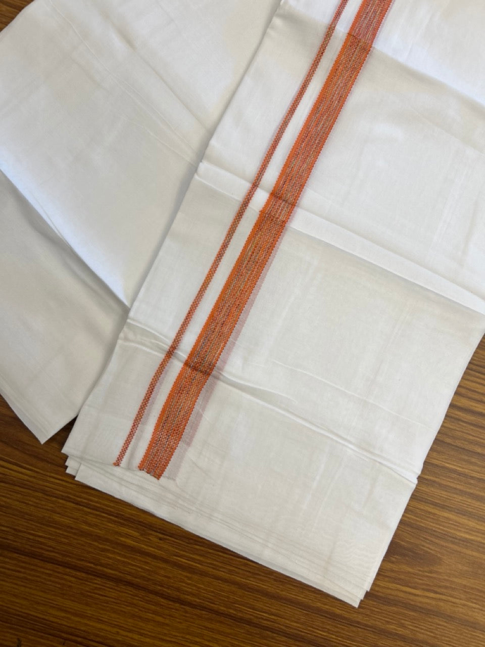 20% Discount ! Kaitharikada Balaramapuram 100% Cotton Pure White Double Rainbow Mundu/Dothi - 100x80 - 0.75 inch Orange & Multi colour Kara 3.80 mtr (8 muzham) - 27 KK5299 THI