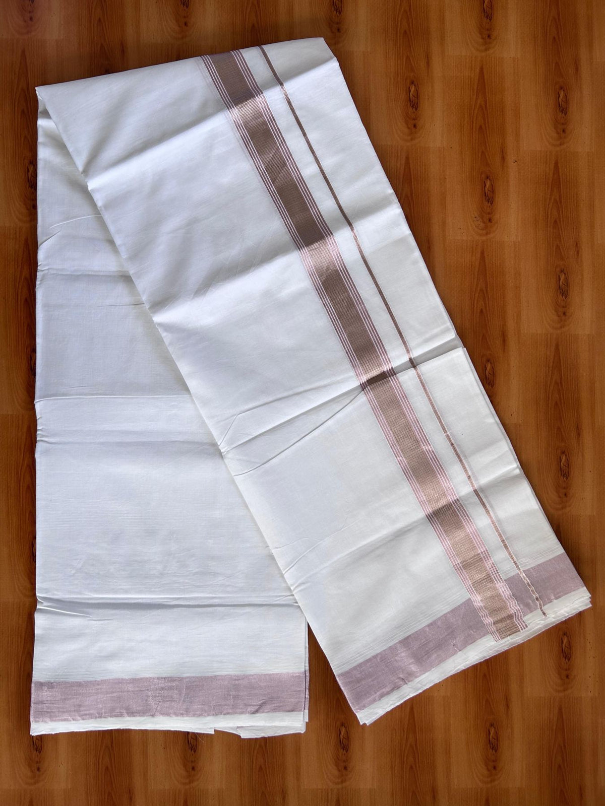 Pure White Double Mundu/Dothi - 20% Discount ! Kaitharikada Balaramapuram 100% Cotton - 100x80 - 1.5 inch Rose Pink Kasav & Silver Kasav Stripes Kara 3.90 m (8 muzham) - 13 KK5513 MC