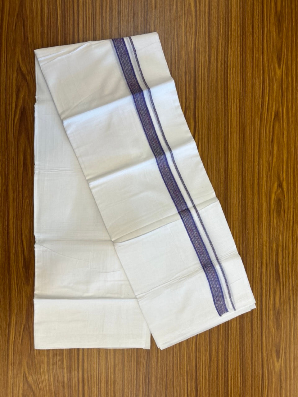 20% Discount ! Kaitharikada Balaramapuram 100% Cotton Pure White Rainbow Double Mundu/Dothi - 100x80 - 0.75 inch Indigo Blue & Multi colour Kara 3.80 mtr (8 muzham) - 29 KK5299 THI