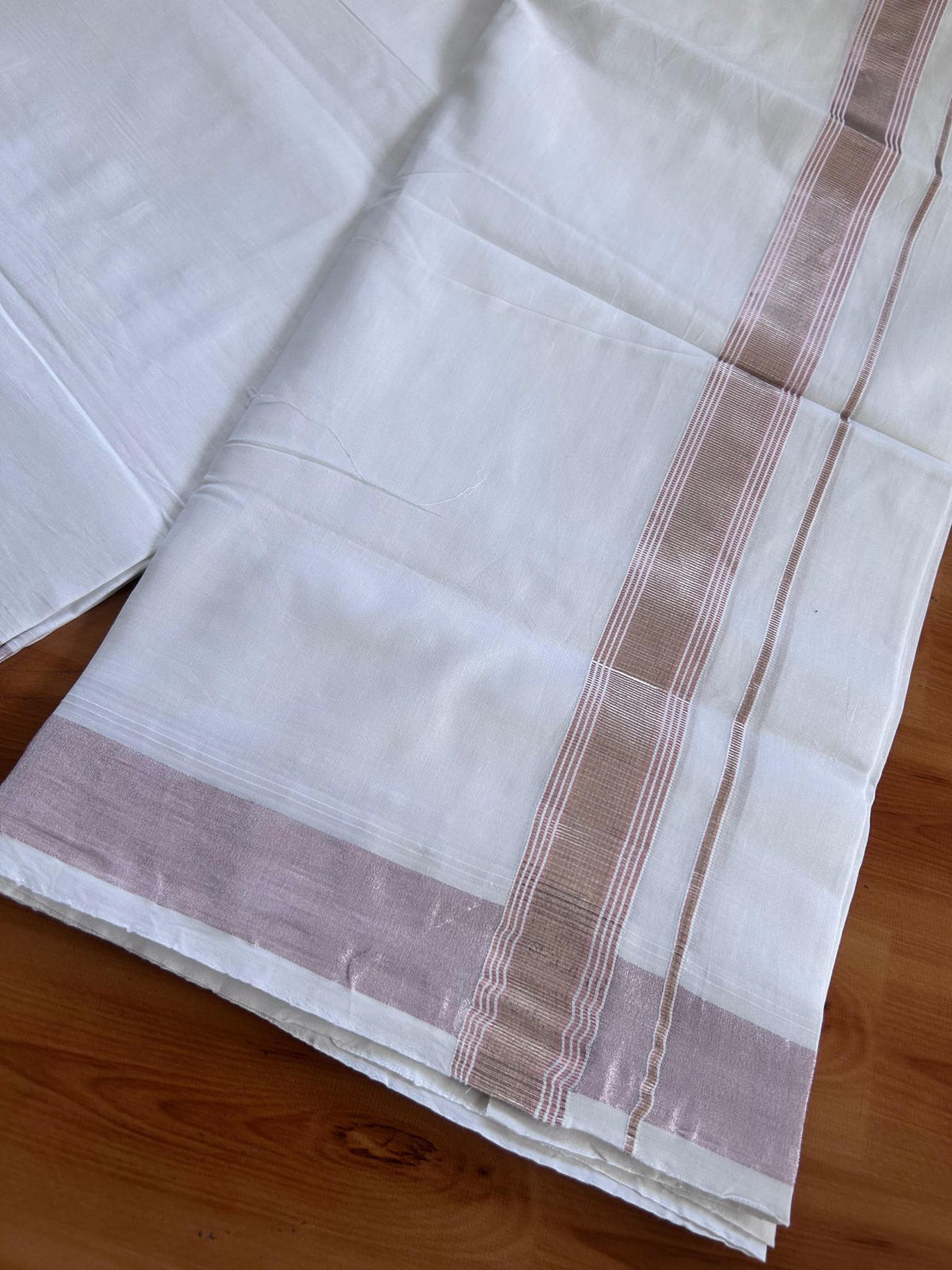 Pure White Double Mundu/Dothi - 20% Discount ! Kaitharikada Balaramapuram 100% Cotton - 100x80 - 1.5 inch Rose Pink Kasav & Silver Kasav Stripes Kara 3.90 m (8 muzham) - 13 KK5513 MC